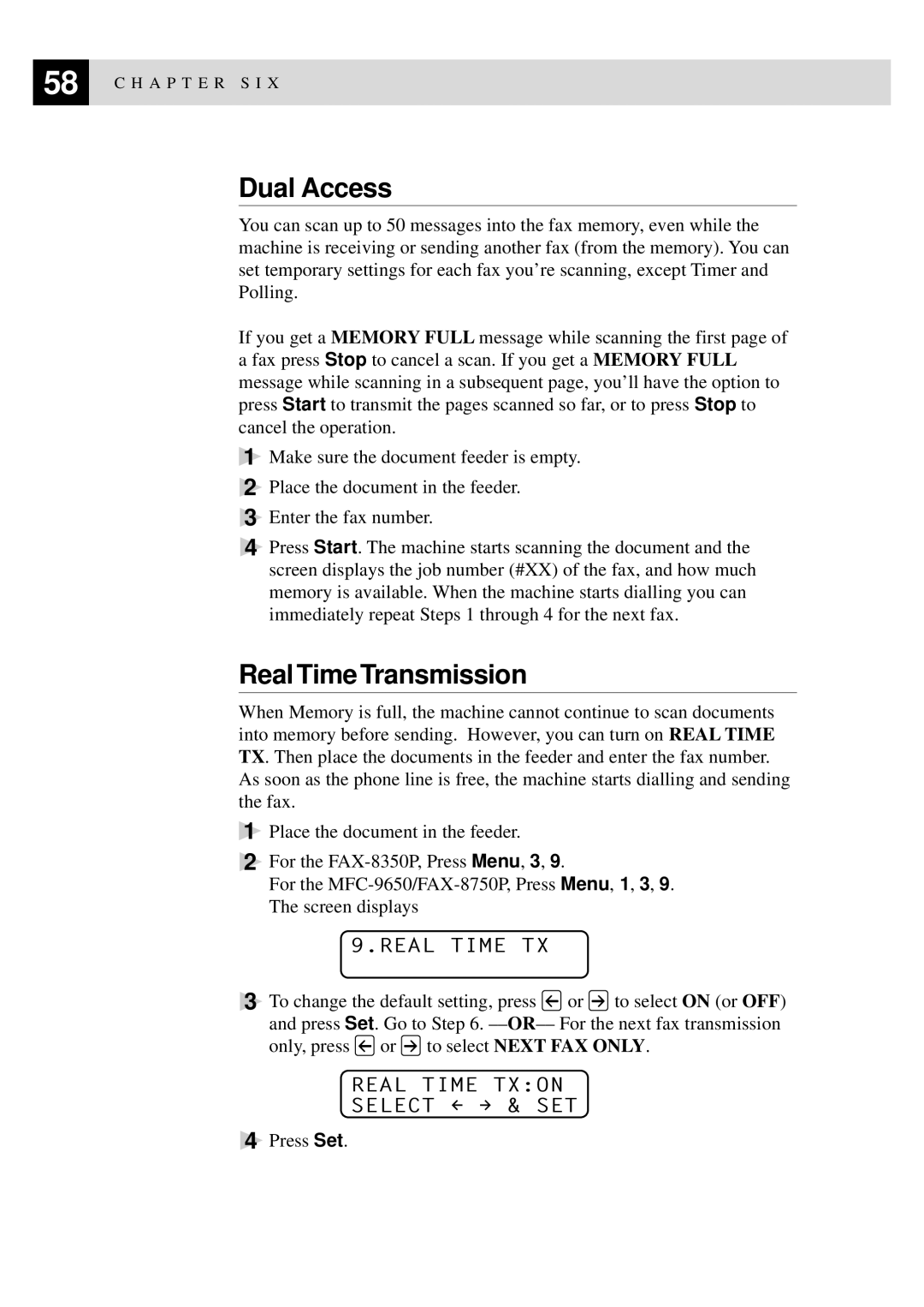 Brother FAX-8350P, MFC-9650 owner manual Dual Access, Real Time Transmission, Real Time TX, Real Time Txon Select & SET 