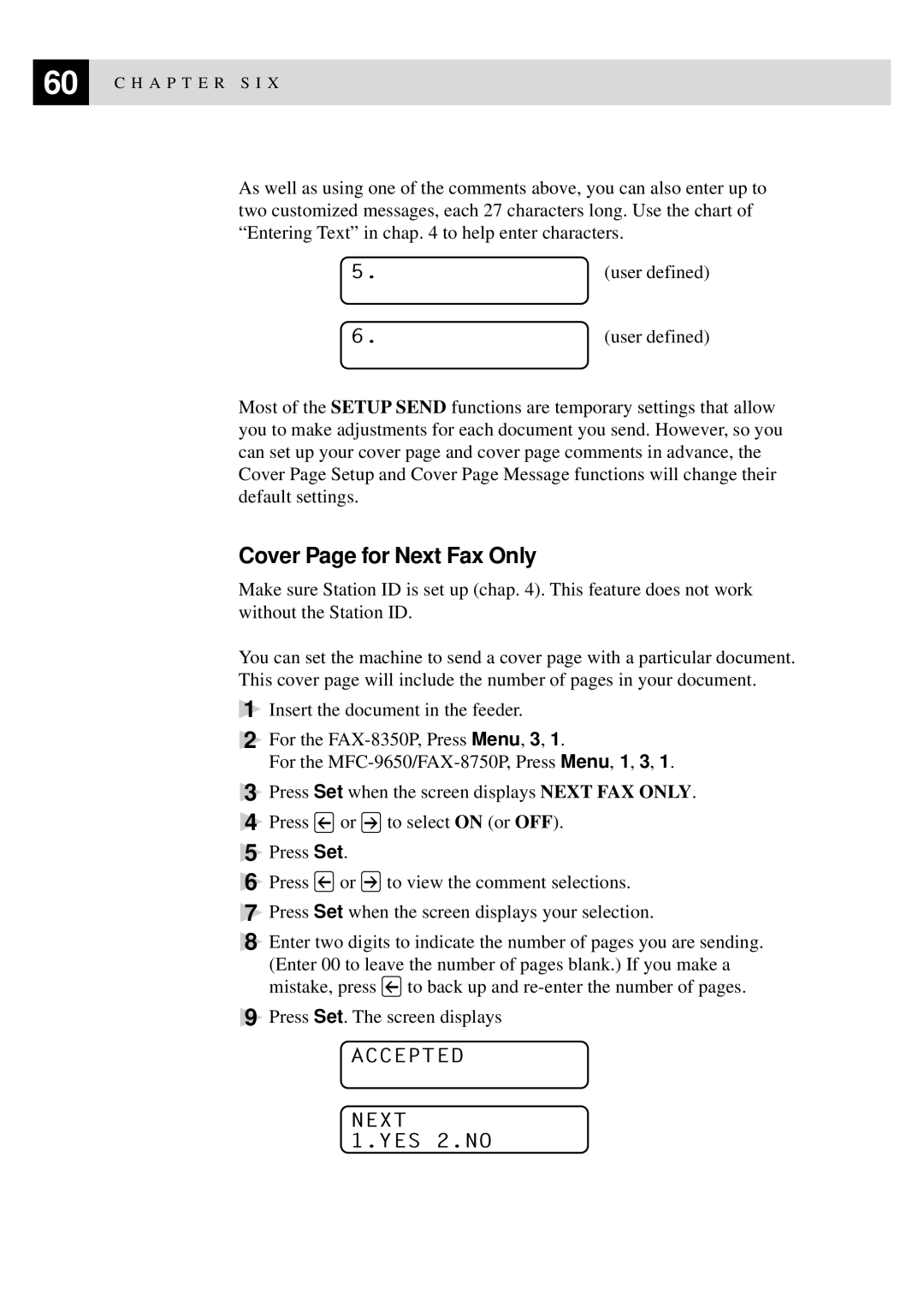 Brother FAX-8350P, MFC-9650 owner manual Cover Page for Next Fax Only 