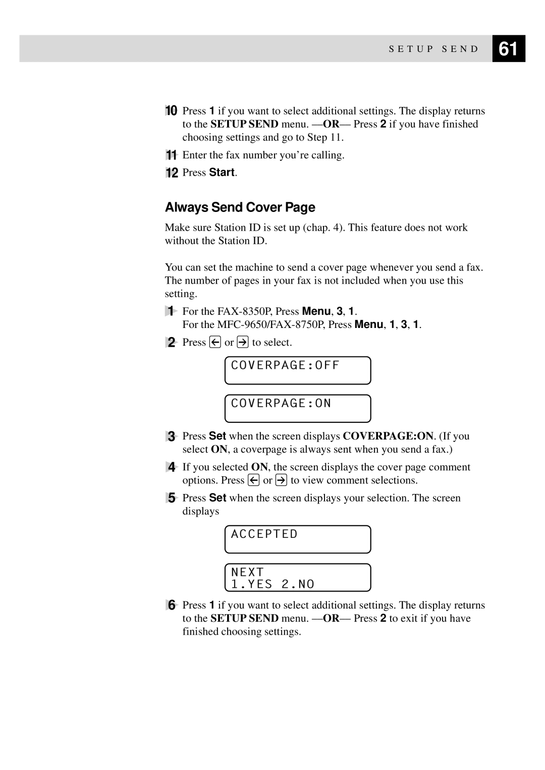 Brother MFC-9650, FAX-8350P owner manual Always Send Cover, Coverpageoff Coverpageon 