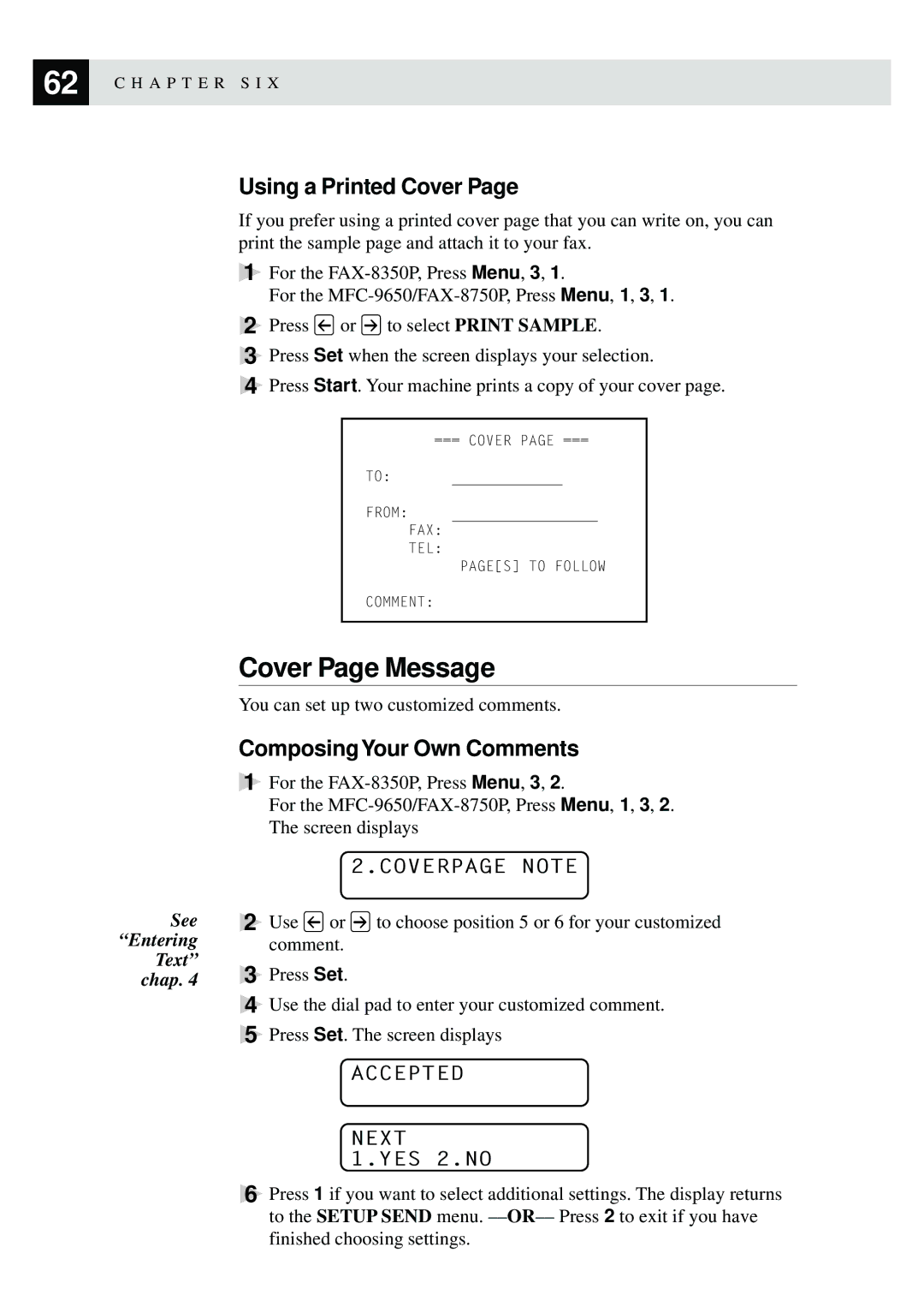 Brother FAX-8350P, MFC-9650 Cover Page Message, Using a Printed Cover, ComposingYour Own Comments, Coverpage Note 