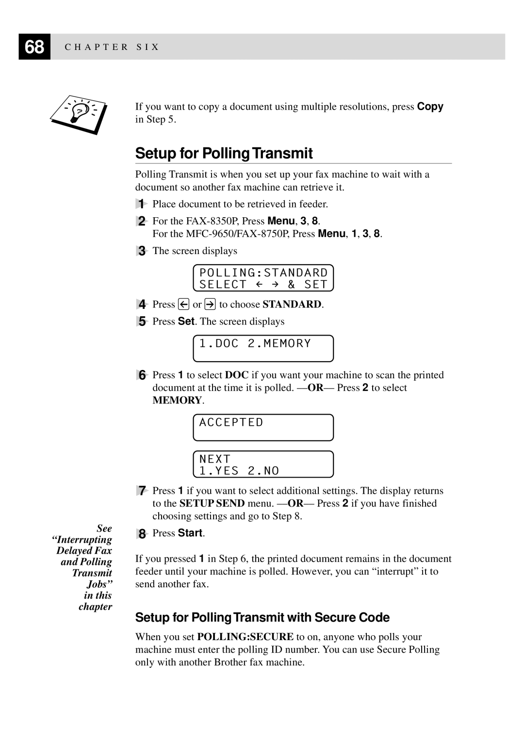 Brother FAX-8350P, MFC-9650 owner manual Setup for Polling Transmit with Secure Code, DOC 2.MEMORY 