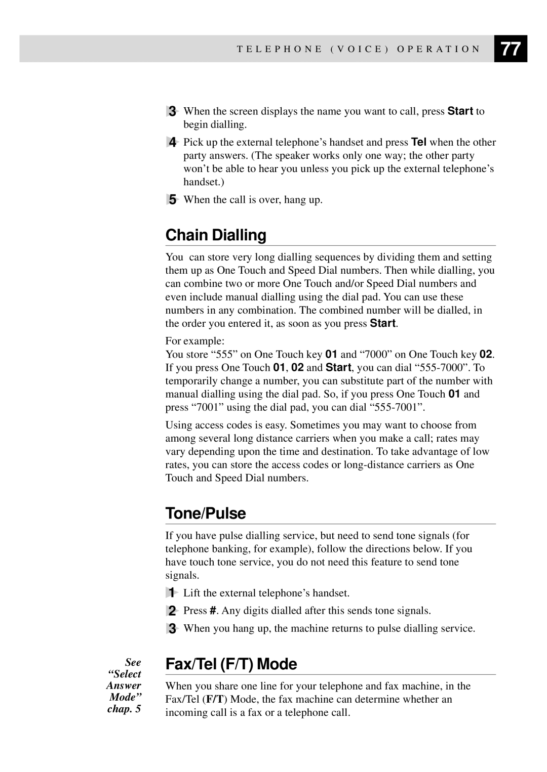 Brother MFC-9650, FAX-8350P owner manual Chain Dialling, Tone/Pulse, Fax/Tel F/T Mode 