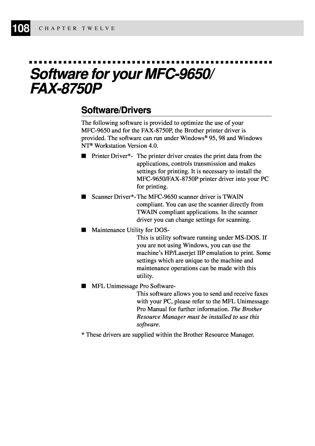 Brother FAX-8350P owner manual Software for your MFC-9650/ FAX-8750P, Software/Drivers 