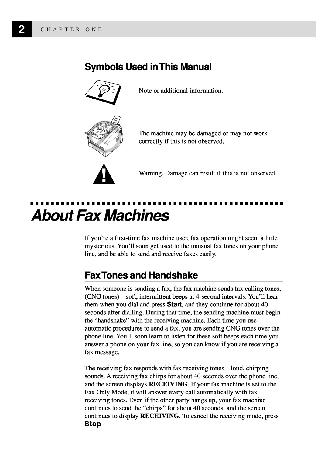 Brother FAX-8350P, MFC-9650 owner manual About Fax Machines, Symbols Used in This Manual, Fax Tones and Handshake 