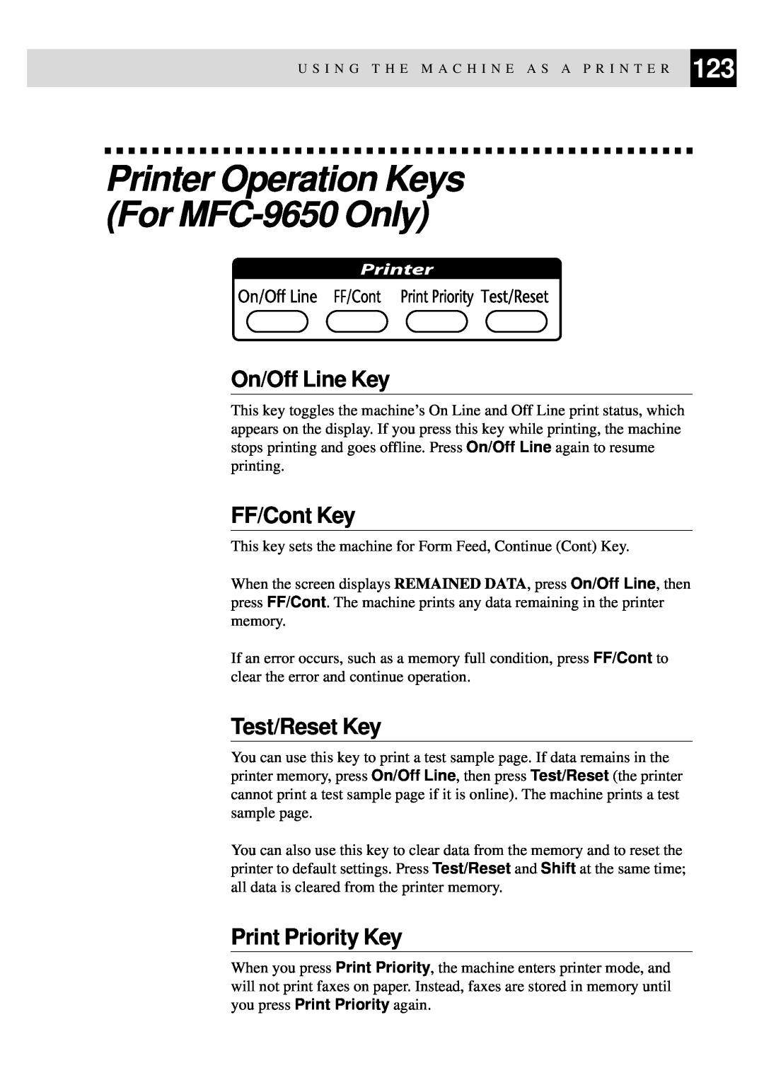 Brother Printer Operation Keys For MFC-9650 Only, On/Off Line Key, FF/Cont Key, Test/Reset Key, Print Priority Key 