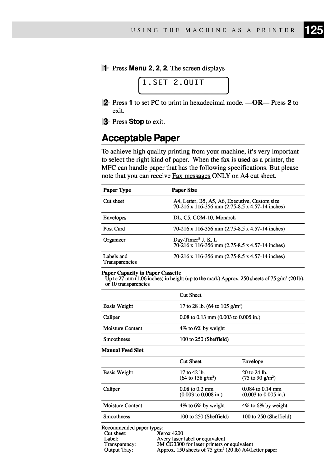 Brother MFC-9650, FAX-8350P owner manual Acceptable Paper, SET 2.QUIT 