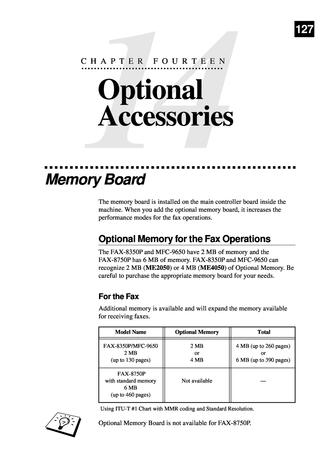 Brother MFC-9650, FAX-8350P Optional Accessories, Memory Board, Optional Memory for the Fax Operations, For the Fax 