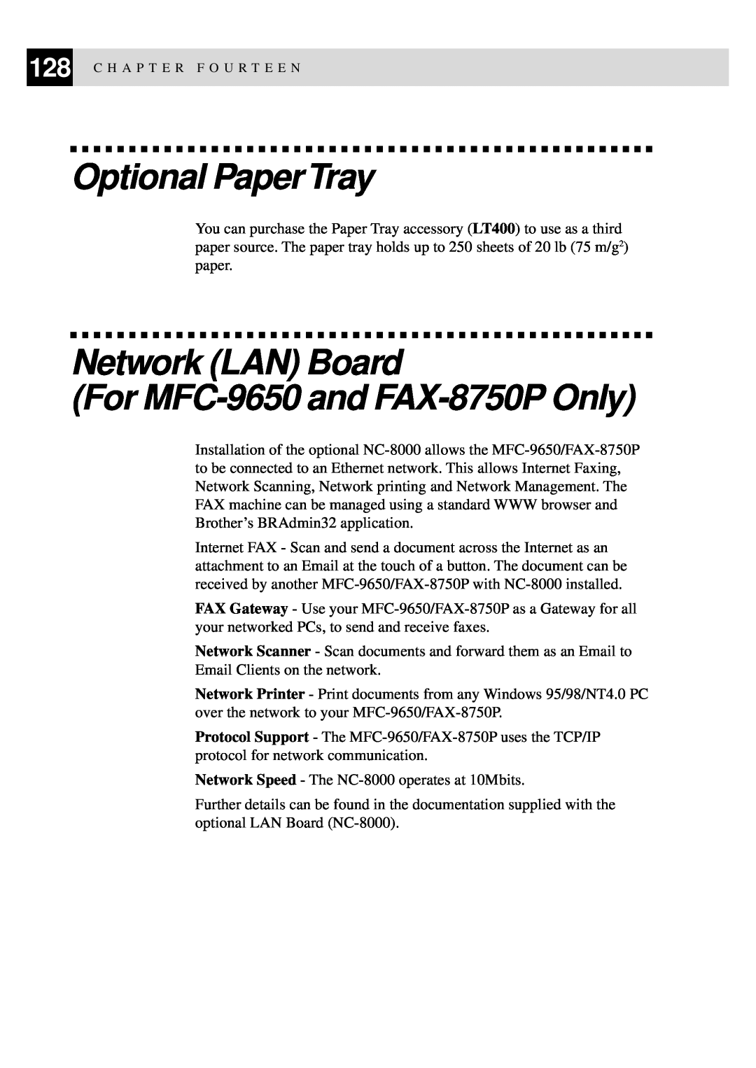 Brother FAX-8350P owner manual Optional PaperTray, Network LAN Board For MFC-9650 and FAX-8750P Only 