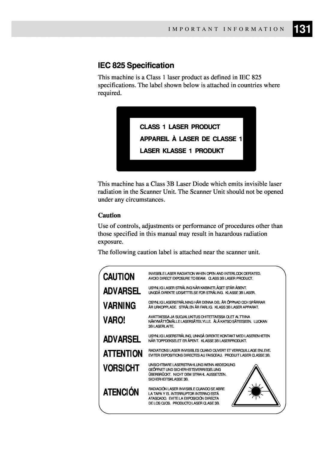 Brother MFC-9650, FAX-8350P owner manual Atención, IEC 825 Specification, Caution Advarsel Varning Varo 