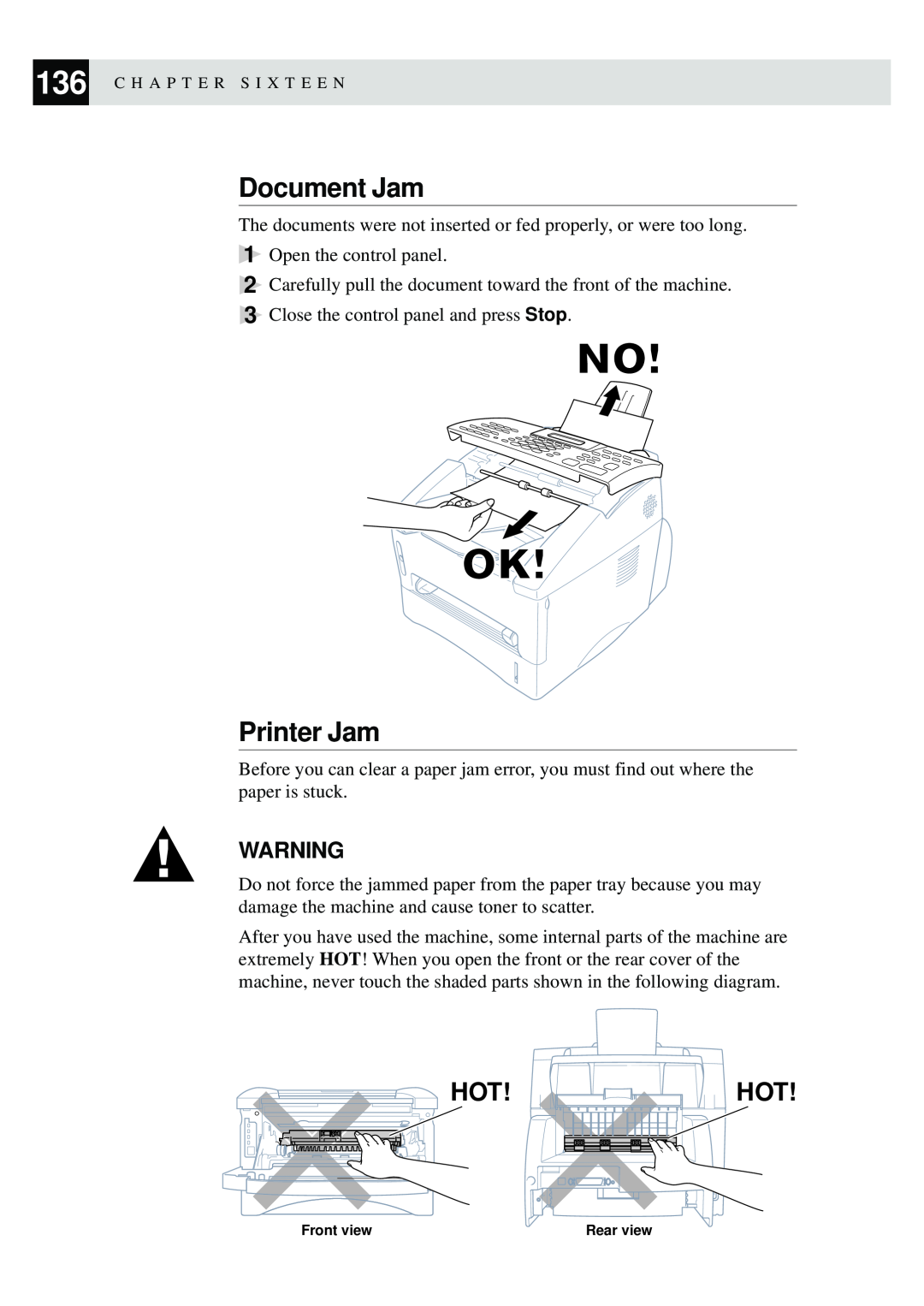 Brother FAX-8350P, MFC-9650 owner manual Document Jam, Printer Jam 