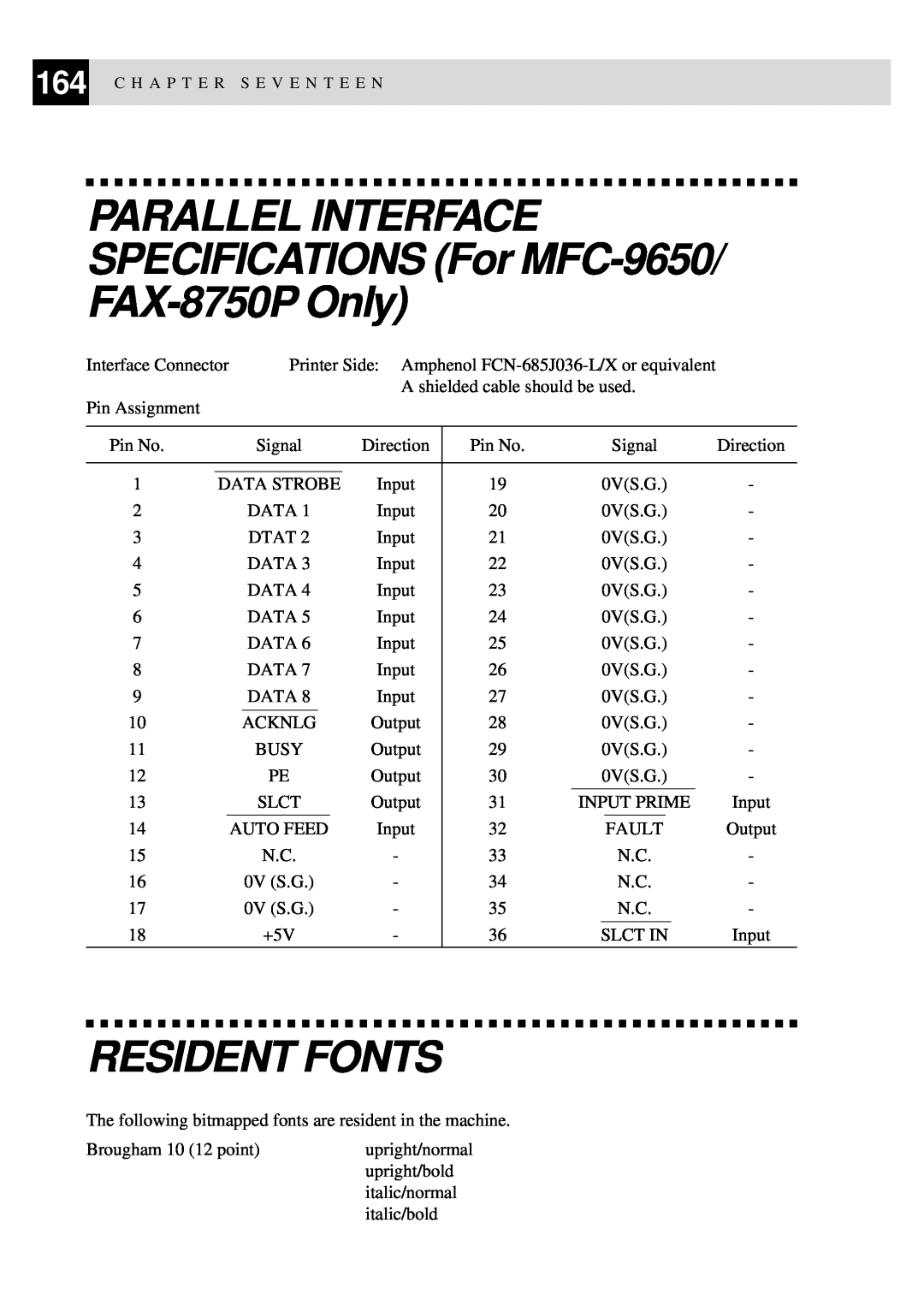 Brother FAX-8350P owner manual PARALLEL INTERFACE SPECIFICATIONS For MFC-9650 FAX-8750P Only, Resident Fonts 