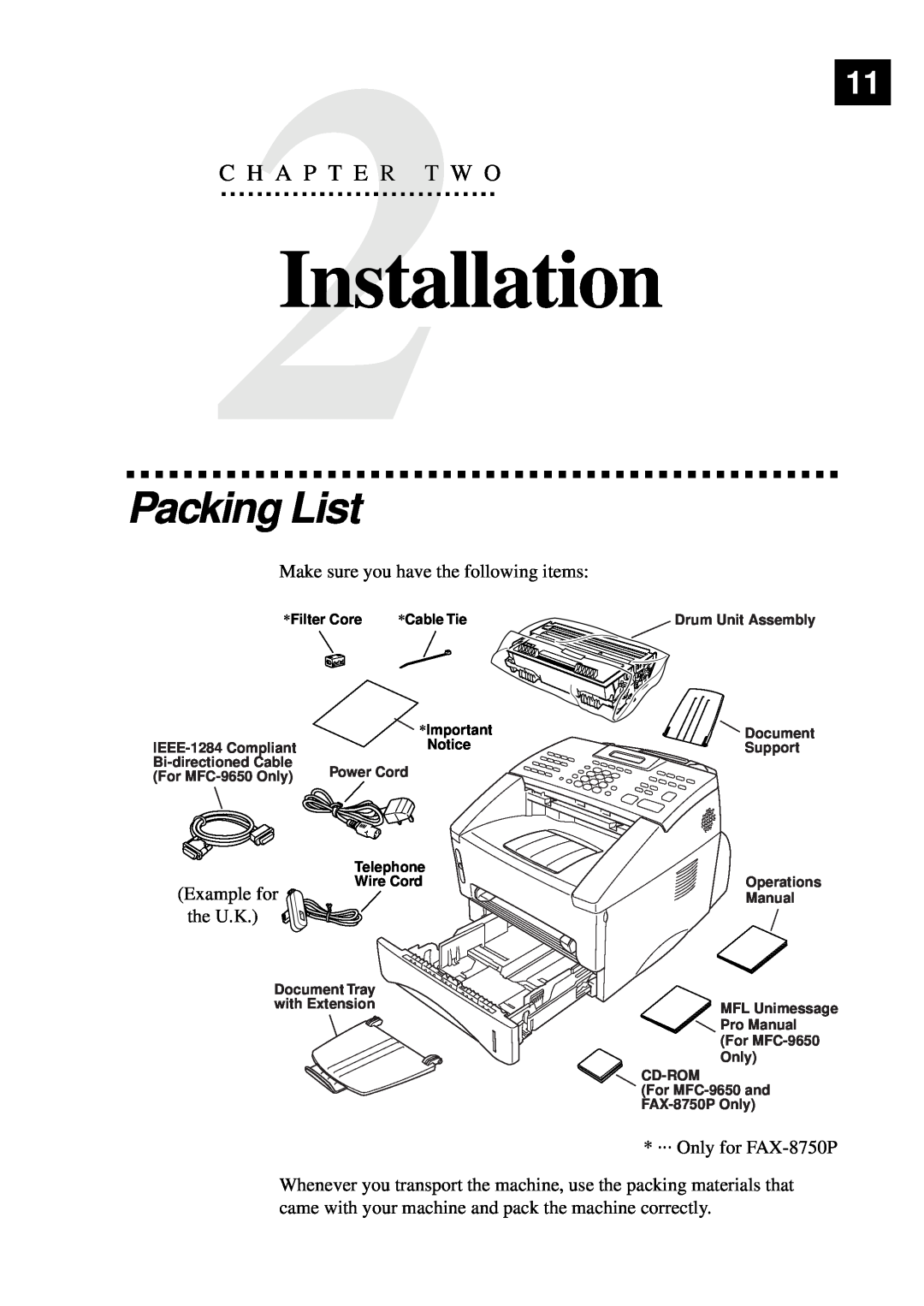 Brother MFC-9650, FAX-8350P owner manual Installation, Packing List, C H A P T E R T W O, Example for, the U.K 