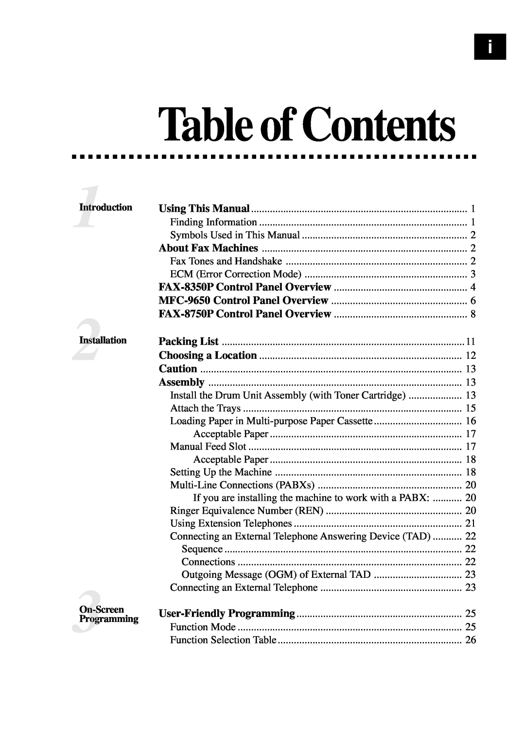Brother MFC-9650, FAX-8350P owner manual Table of Contents, 1Introduction 2Installation 