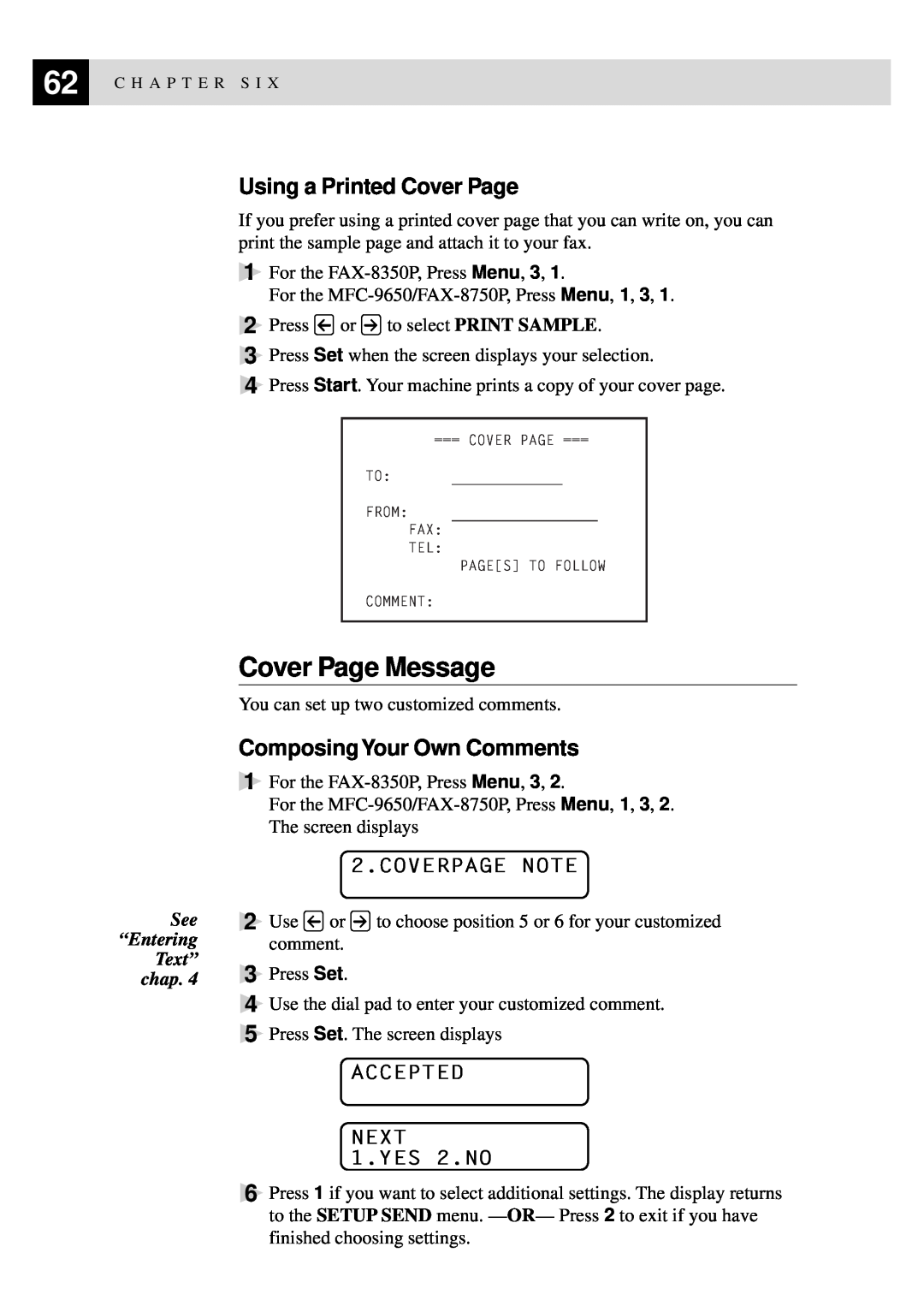 Brother FAX-8350P, MFC-9650 Cover Page Message, Using a Printed Cover Page, ComposingYour Own Comments, Coverpage Note 