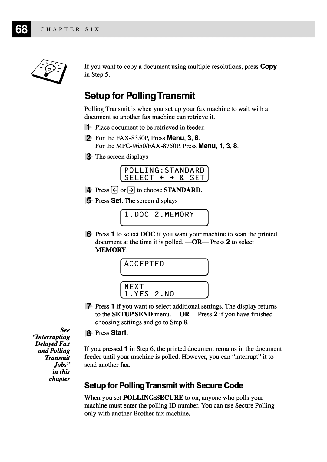 Brother FAX-8350P Setup for Polling Transmit with Secure Code, Pollingstandard Select & Set, DOC 2.MEMORY, Memory 