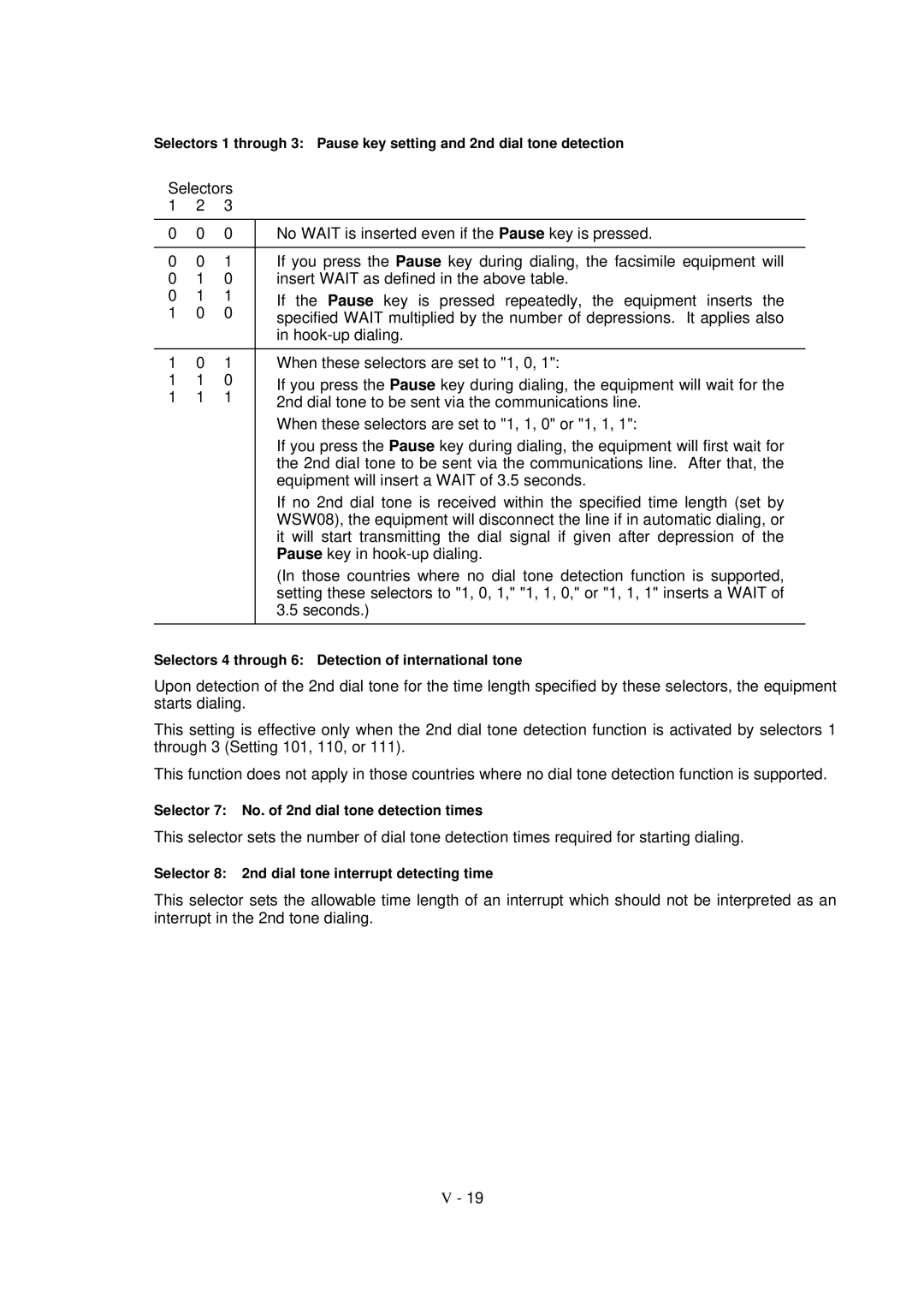 Brother FAX-8650P service manual Selectors 4 through 6 Detection of international tone 