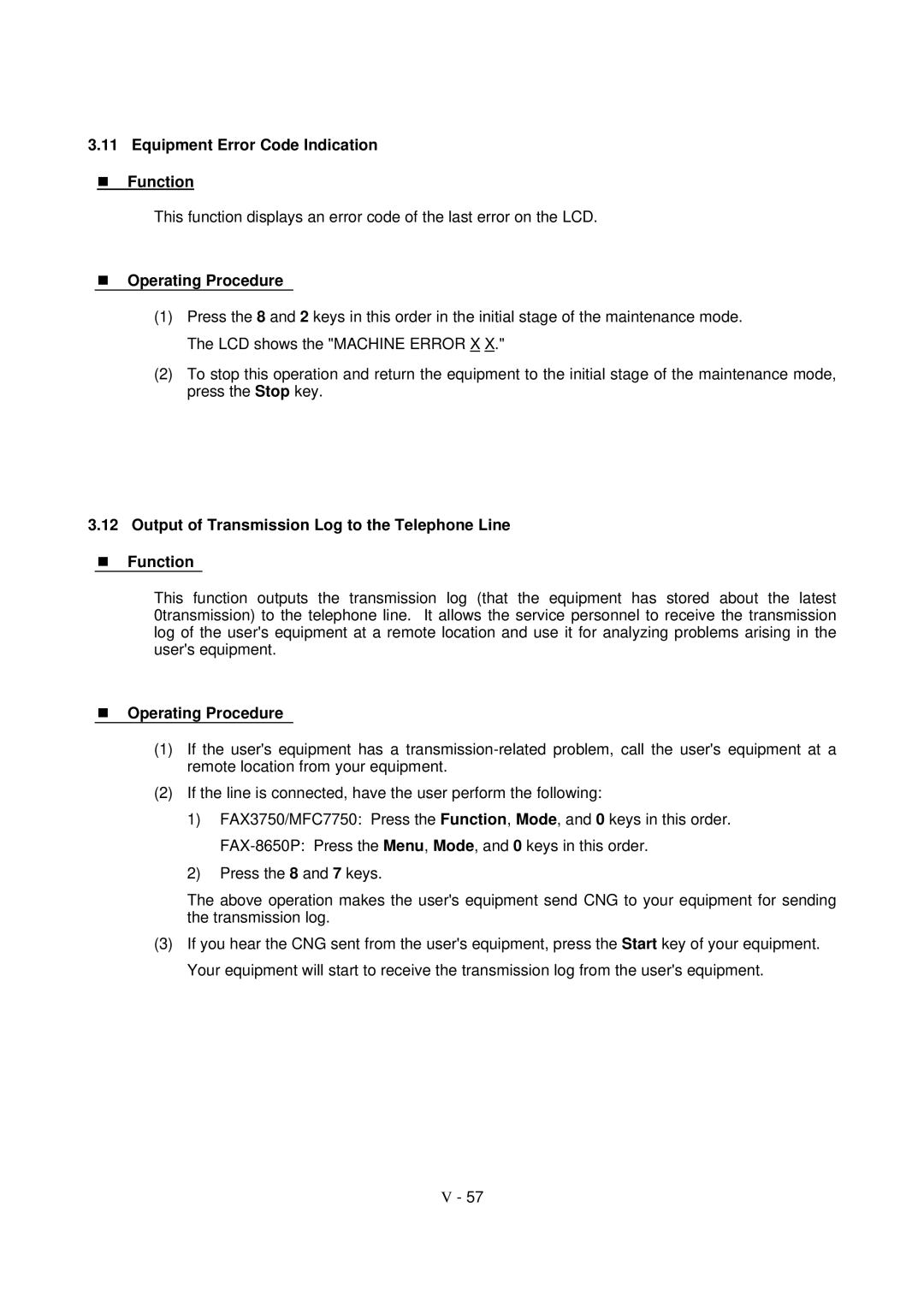 Brother FAX-8650P Equipment Error Code Indication Function, Output of Transmission Log to the Telephone Line Function 