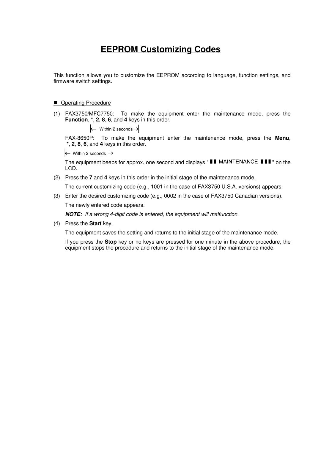 Brother FAX-8650P service manual Eeprom Customizing Codes 