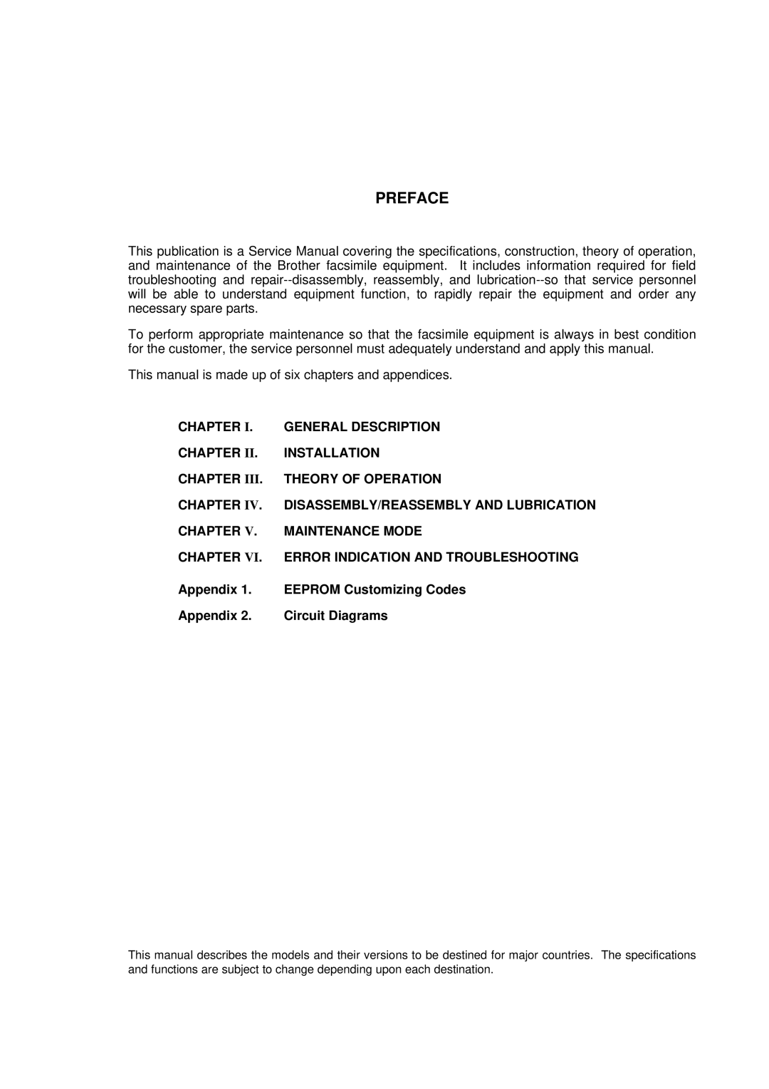 Brother FAX-8650P service manual Preface, Appendix Eeprom Customizing Codes Circuit Diagrams 