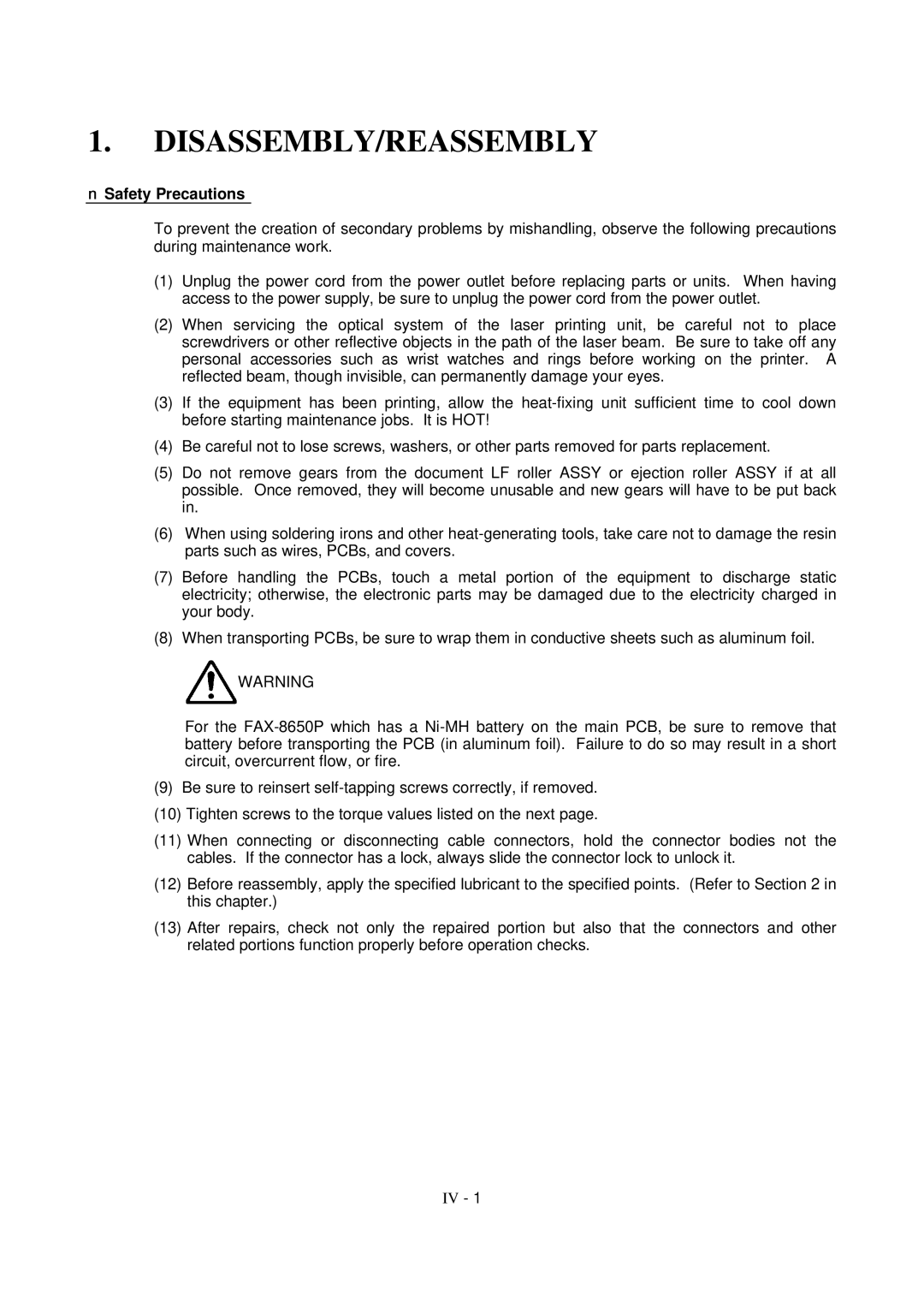 Brother FAX-8650P service manual Disassembly/Reassembly, Safety Precautions 