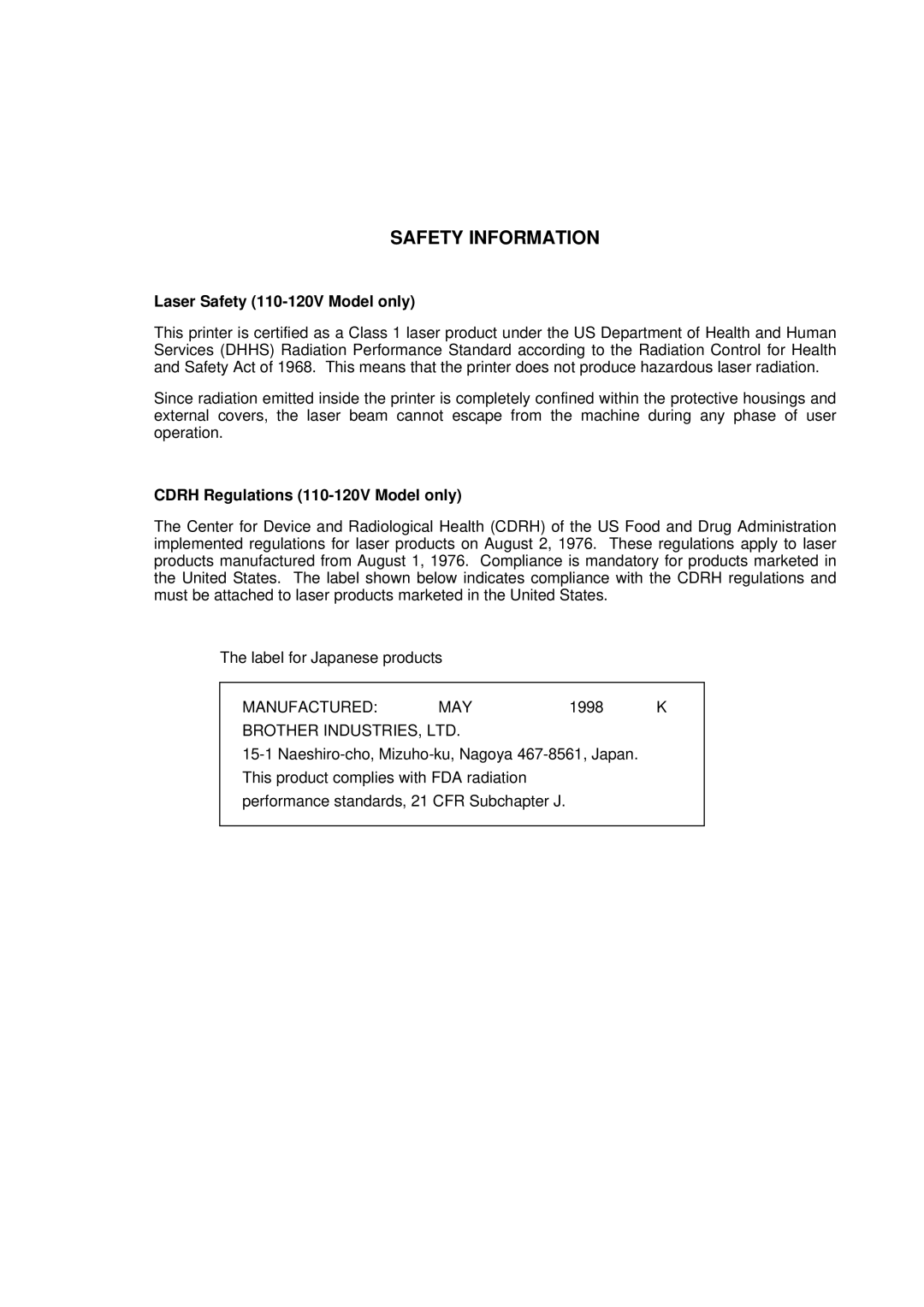 Brother FAX-8650P service manual Laser Safety 110-120V Model only, Cdrh Regulations 110-120V Model only 