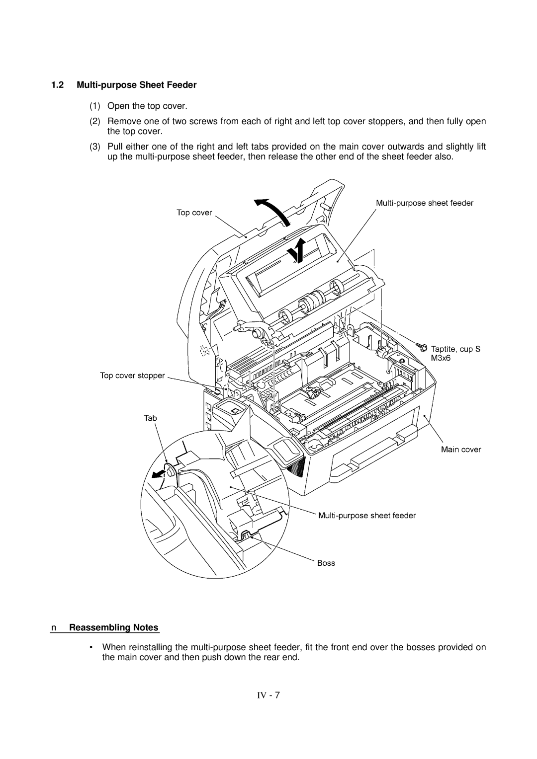 Brother FAX-8650P service manual Multi-purpose Sheet Feeder, Reassembling Notes 