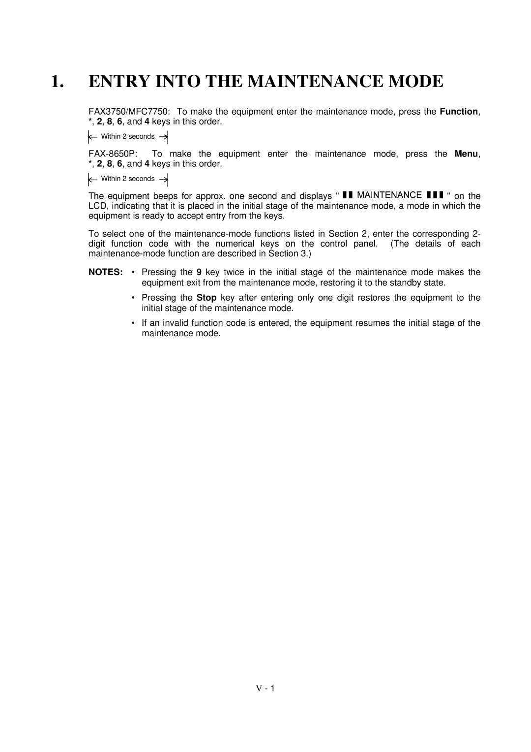 Brother FAX-8650P service manual Entry Into the Maintenance Mode 