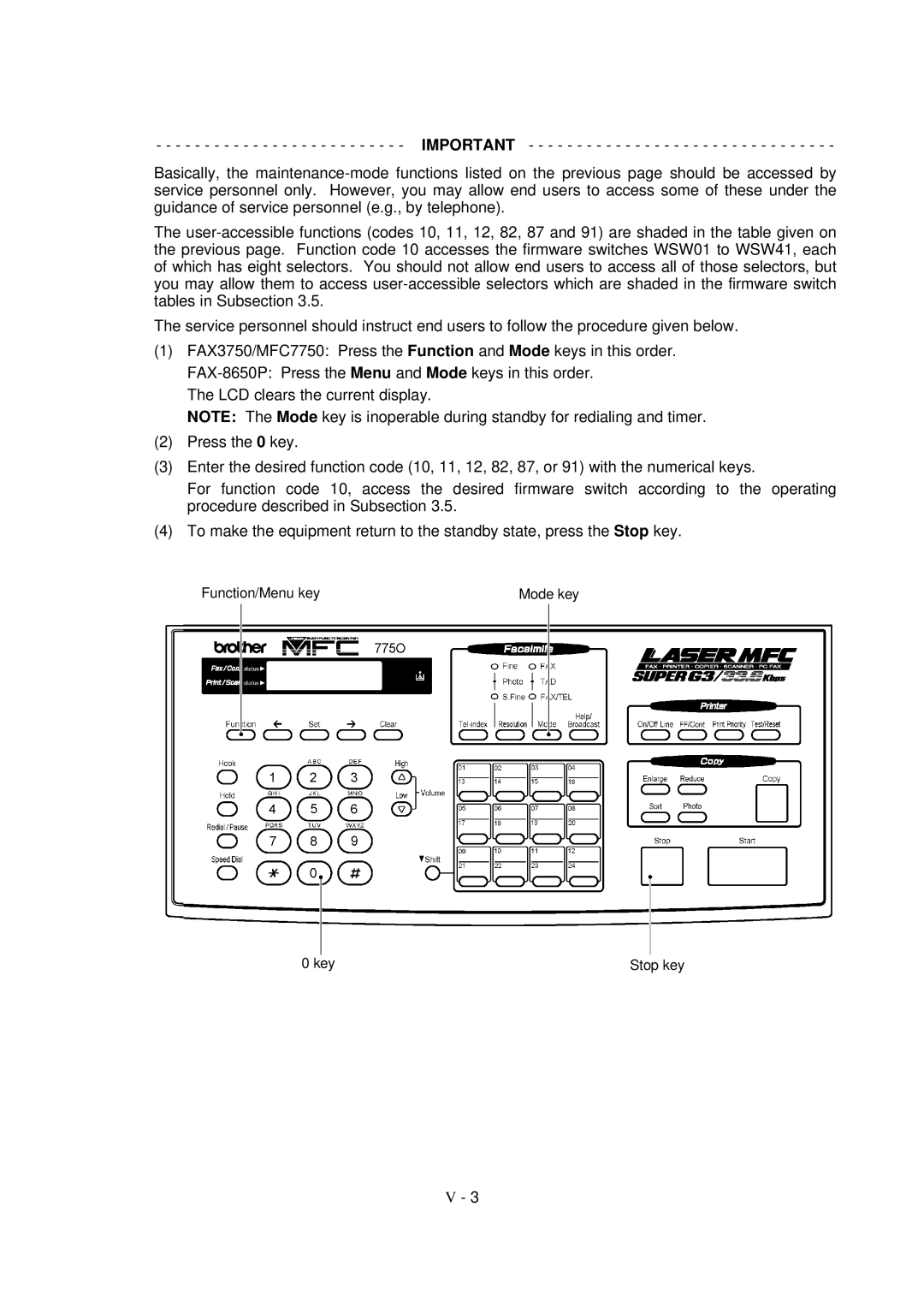 Brother FAX-8650P service manual Function/Menu key Mode key Key Stop key 