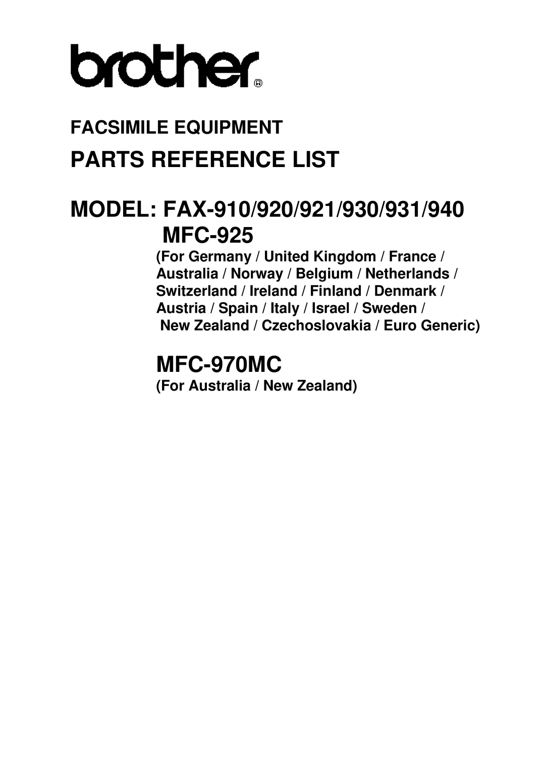 Brother FAX-910 manual Parts Reference List 