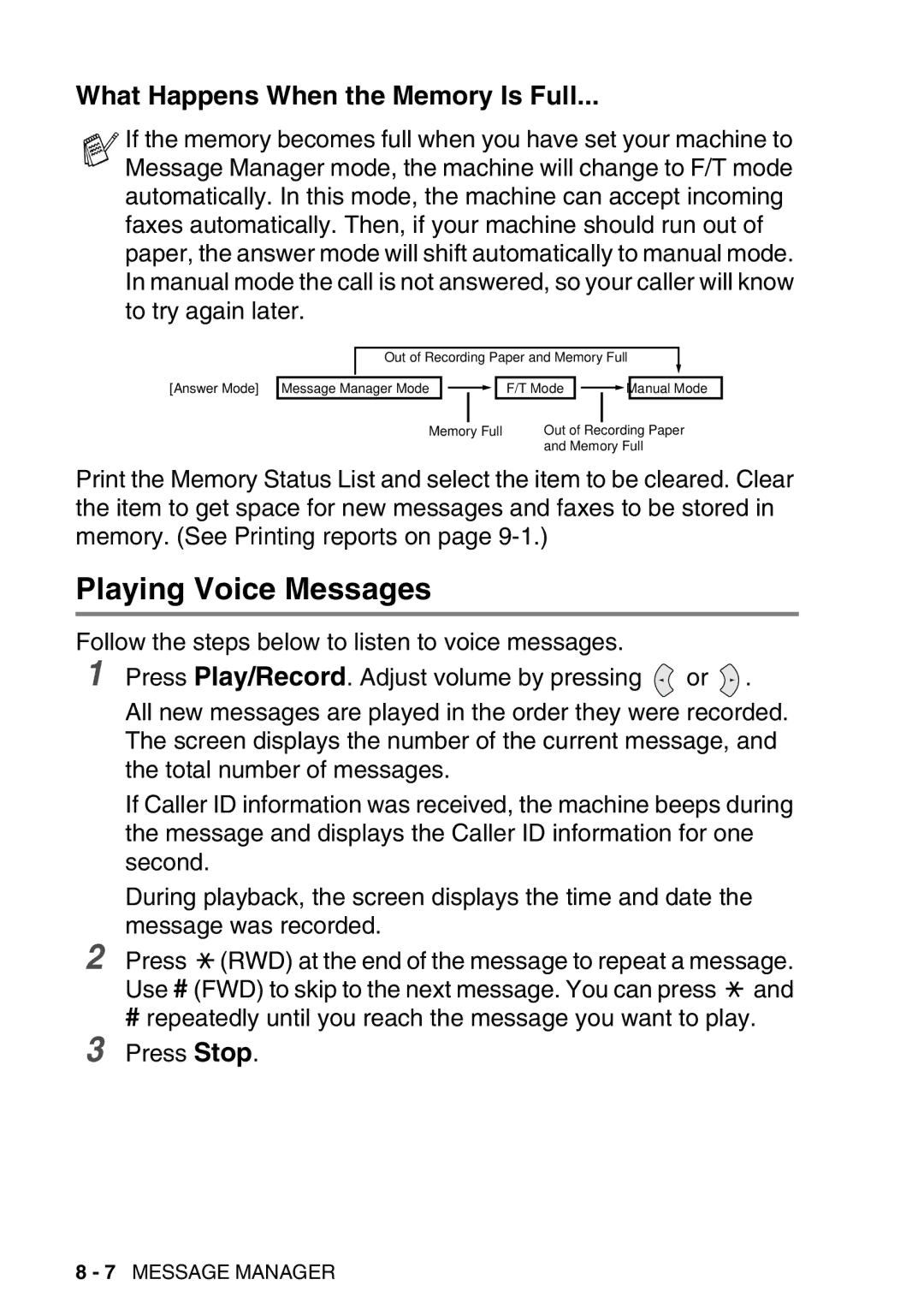 Brother FAX-T98 manual Playing Voice Messages, What Happens When the Memory Is Full 