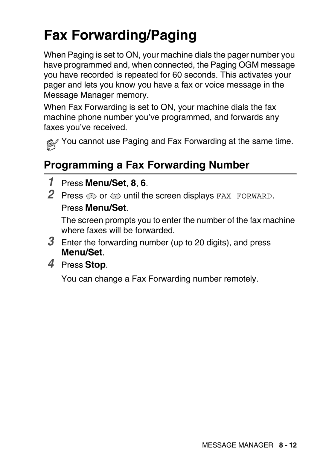 Brother FAX-T98 manual Fax Forwarding/Paging, Programming a Fax Forwarding Number 