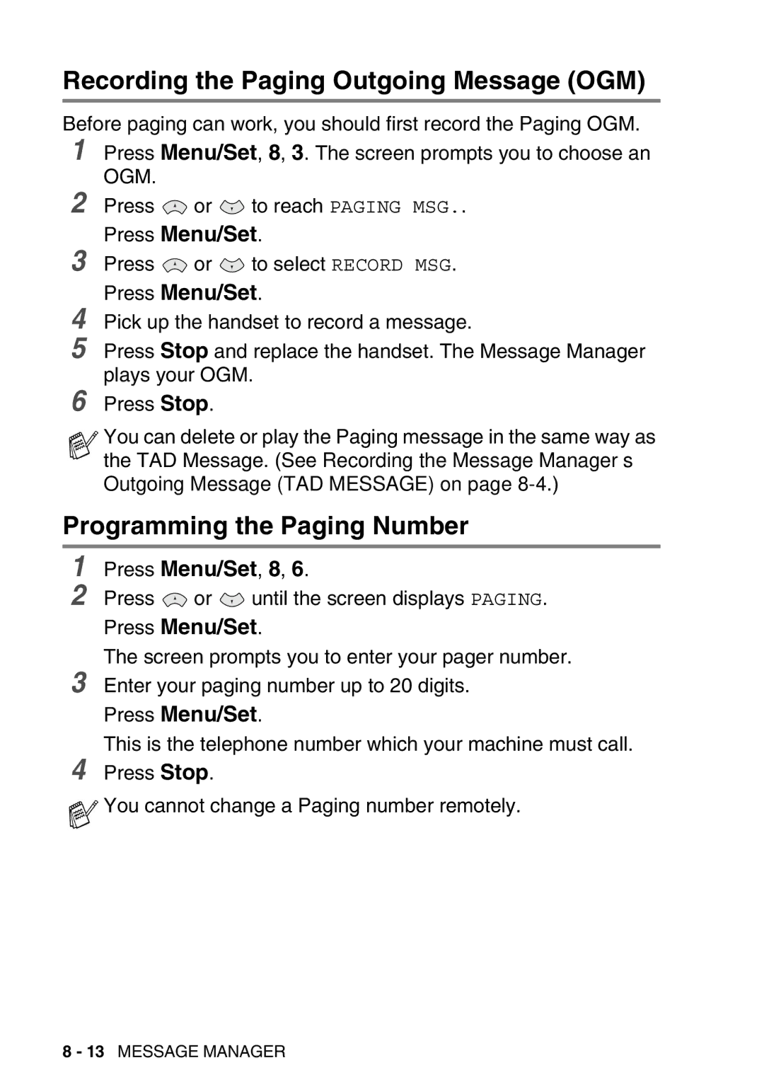 Brother FAX-T98 manual Recording the Paging Outgoing Message OGM, Programming the Paging Number 