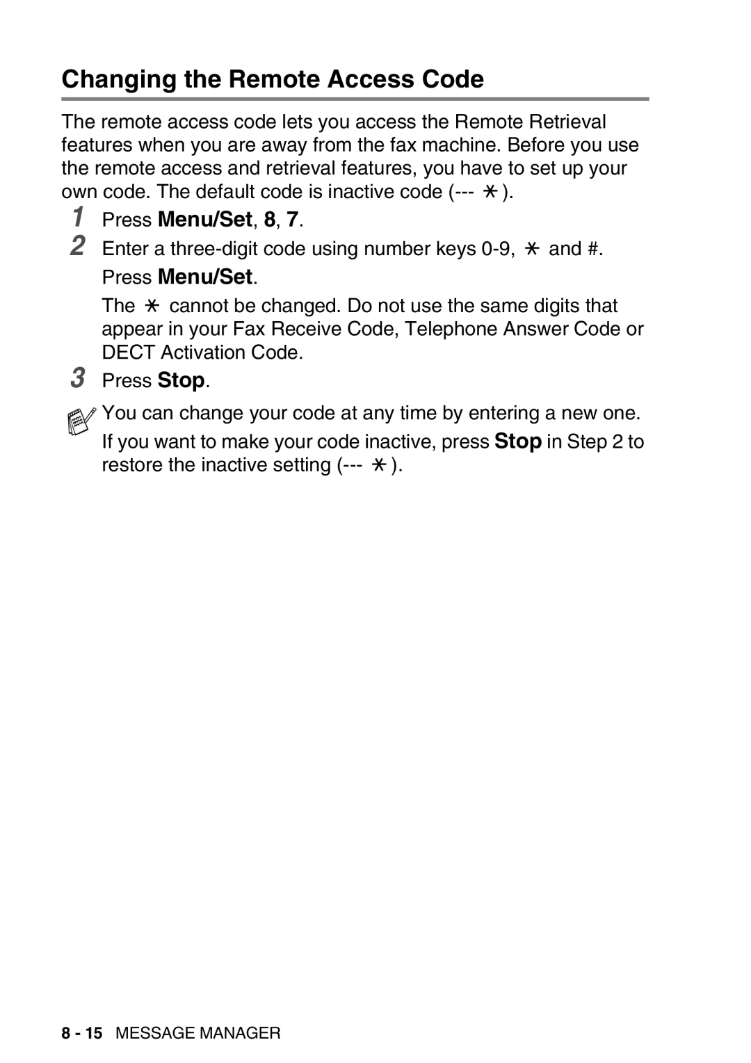 Brother FAX-T98 manual Changing the Remote Access Code 