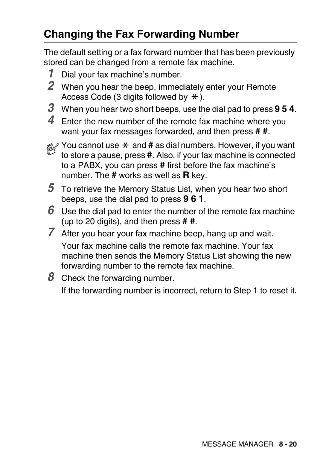 Brother FAX-T98 manual Changing the Fax Forwarding Number 