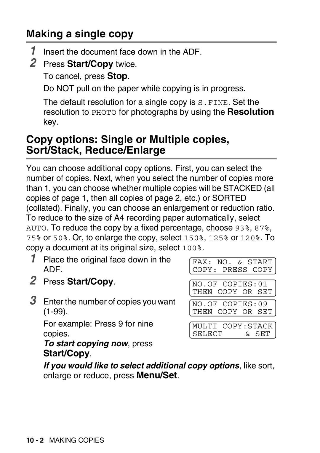 Brother FAX-T98 manual Making a single copy, Press Start/Copy 