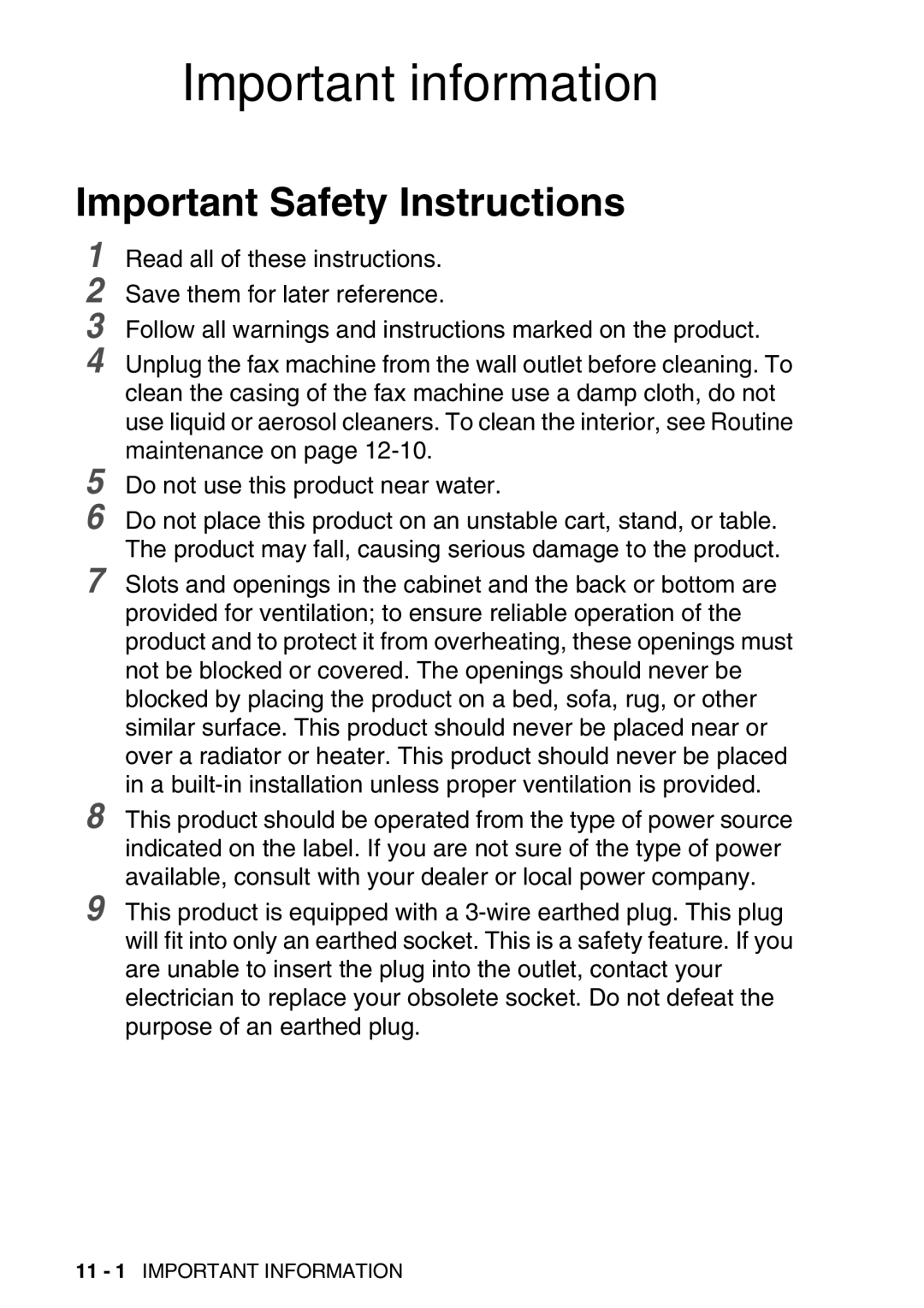 Brother FAX-T98 manual Important information, Important Safety Instructions 