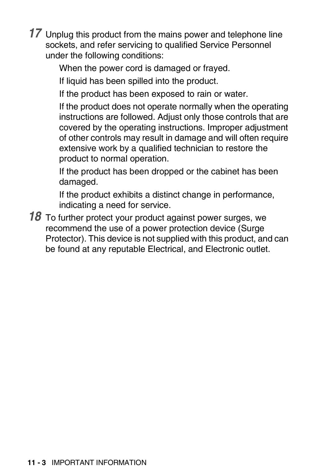 Brother FAX-T98 manual 11 3 Important Information 