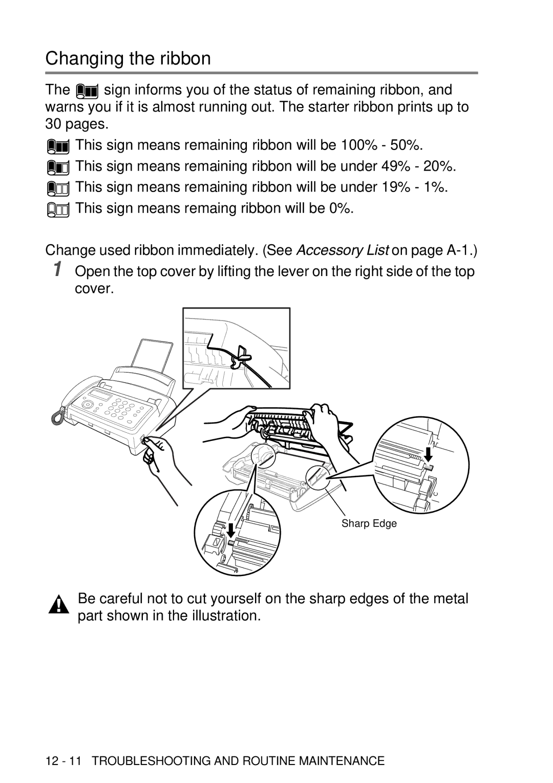 Brother FAX-T98 manual Changing the ribbon 