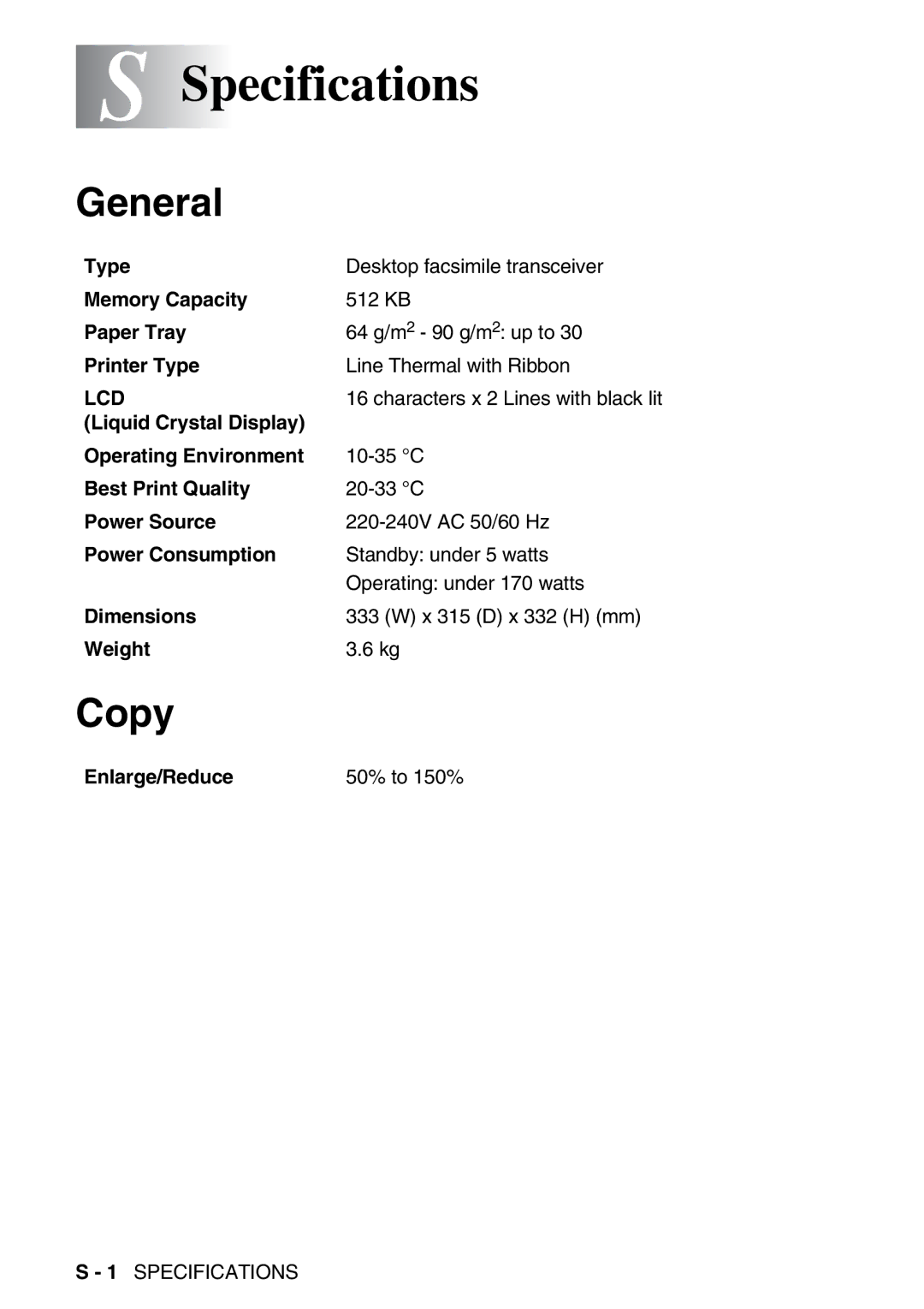 Brother FAX-T98 manual Specifications, General, Copy 