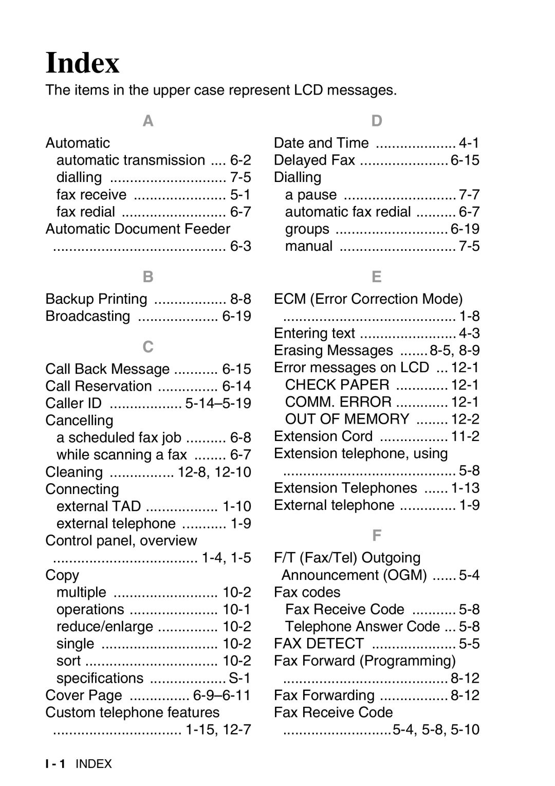 Brother FAX-T98 manual Index, OUT of Memory 