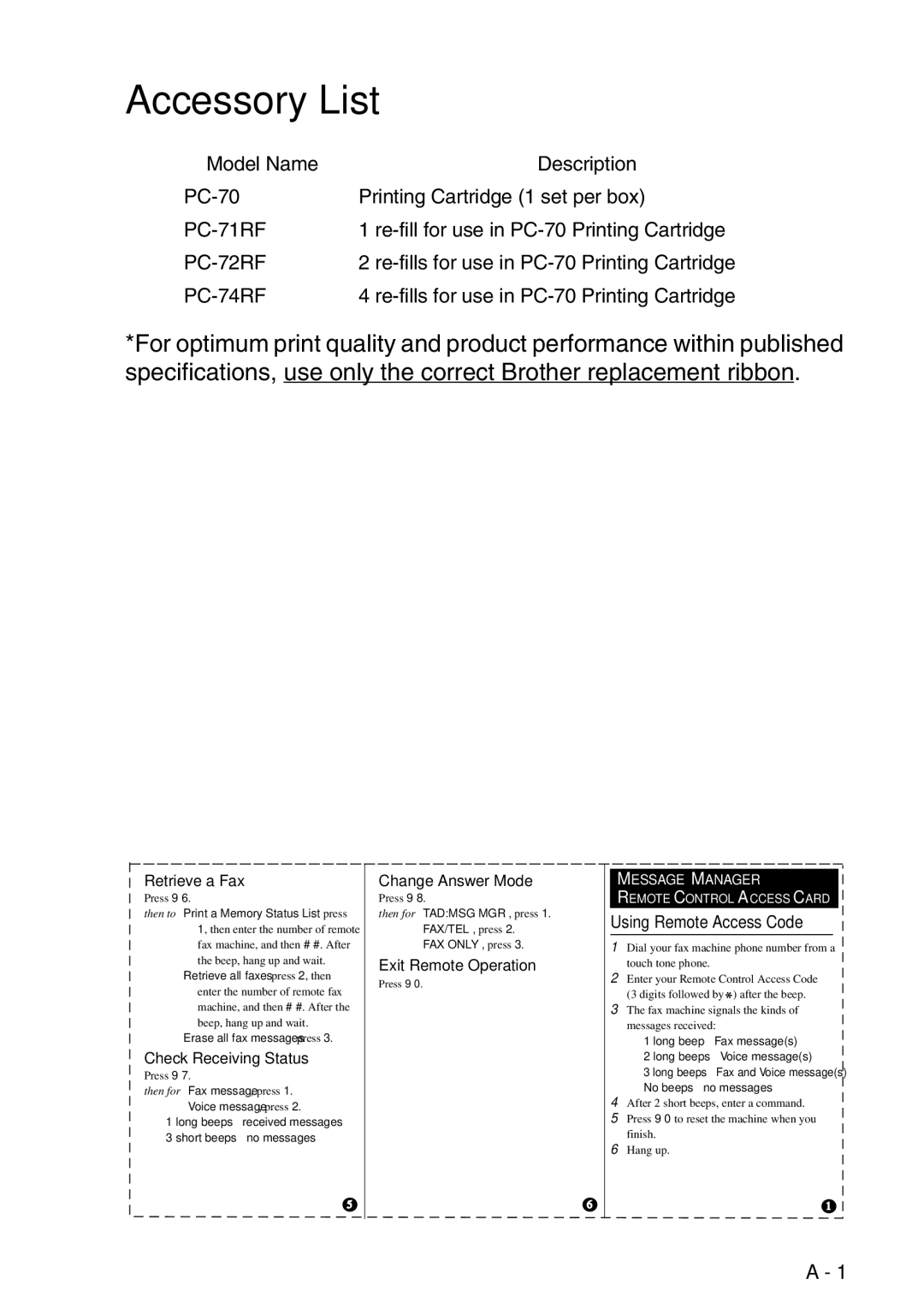 Brother FAX-T98 manual Accessory List, Retrieve a Fax 