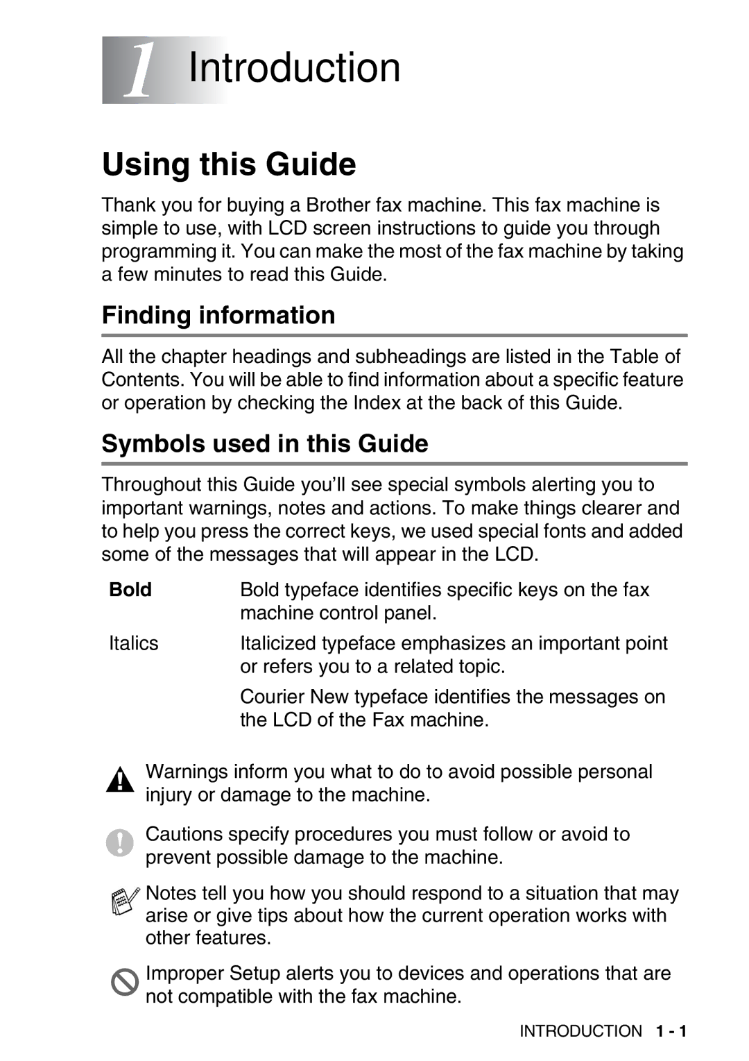 Brother FAX-T98 manual Introduction, Using this Guide, Finding information, Symbols used in this Guide 