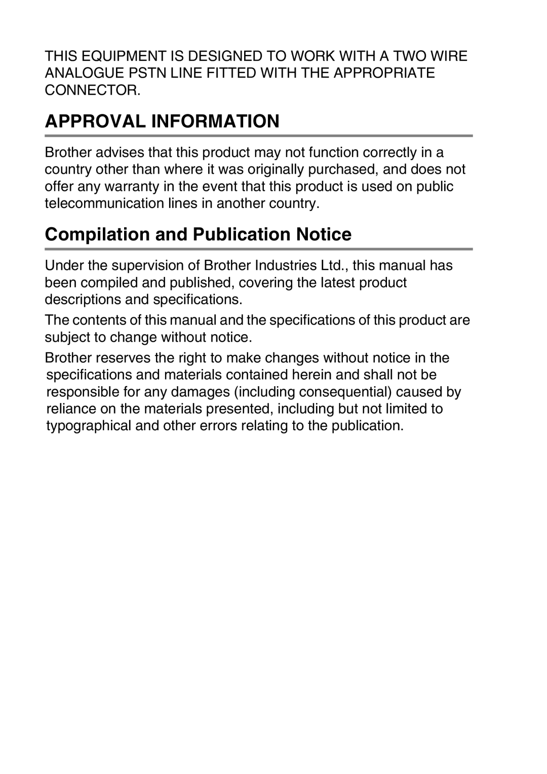 Brother FAX-T98 manual Approval Information, Compilation and Publication Notice 