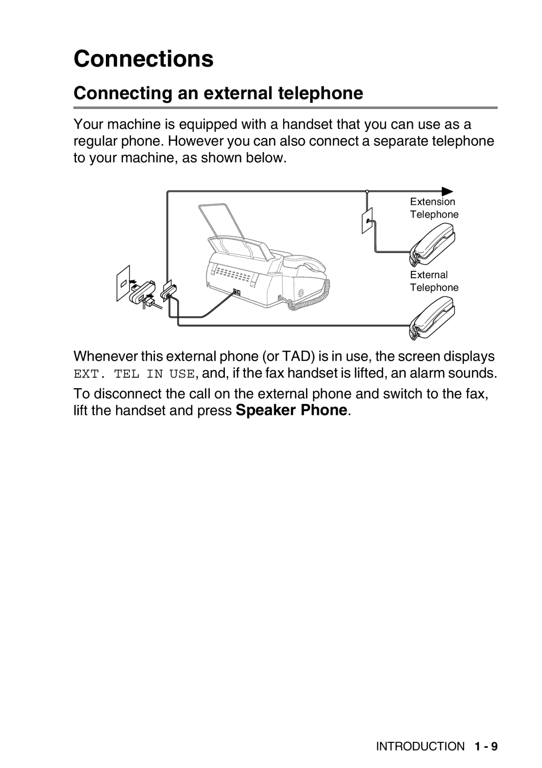 Brother FAX-T98 manual Connections, Connecting an external telephone 