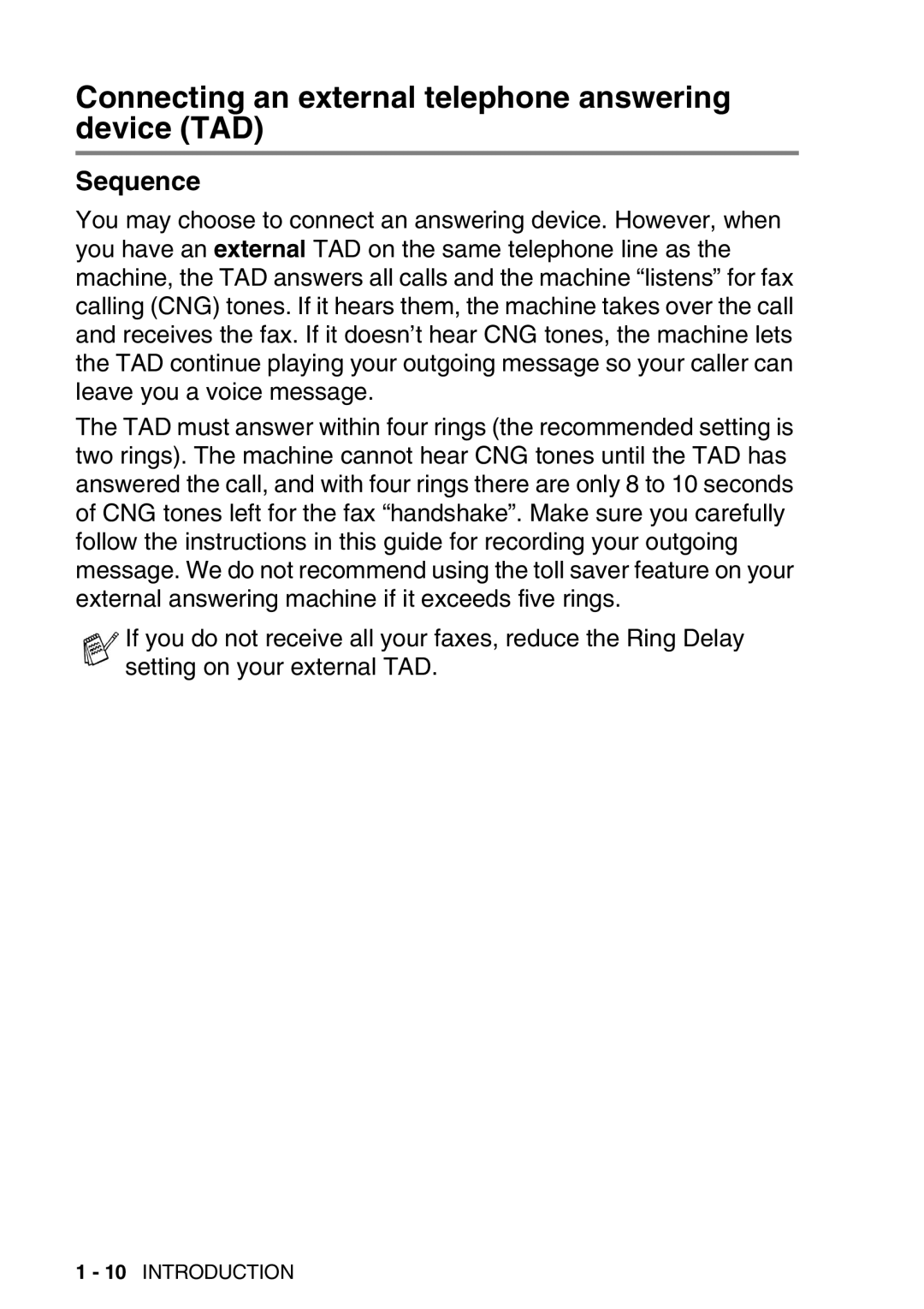 Brother FAX-T98 manual Connecting an external telephone answering device TAD, Sequence 