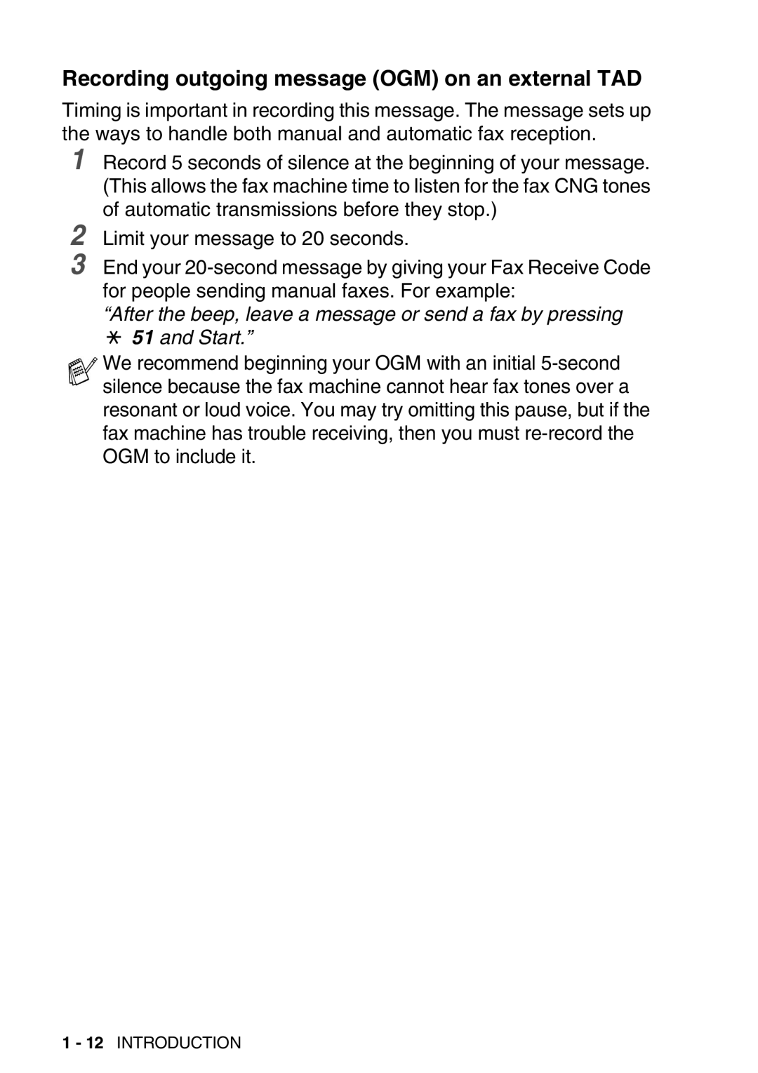 Brother FAX-T98 manual Recording outgoing message OGM on an external TAD 