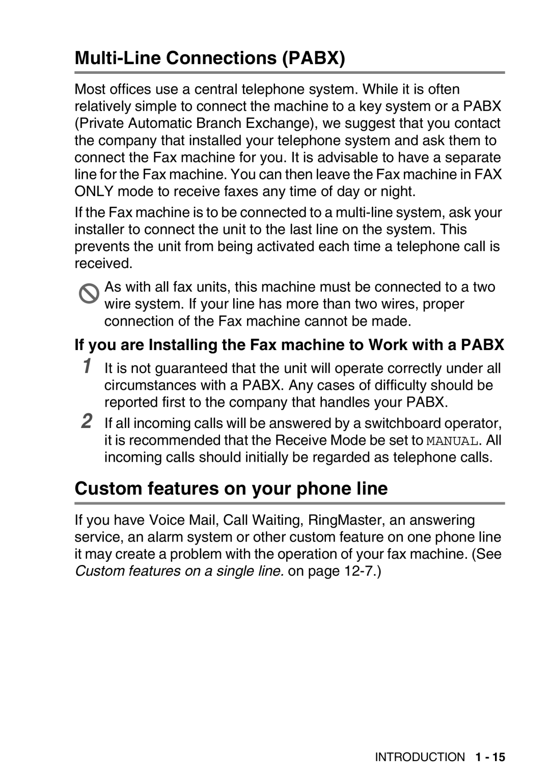 Brother FAX-T98 manual Multi-Line Connections Pabx, Custom features on your phone line 