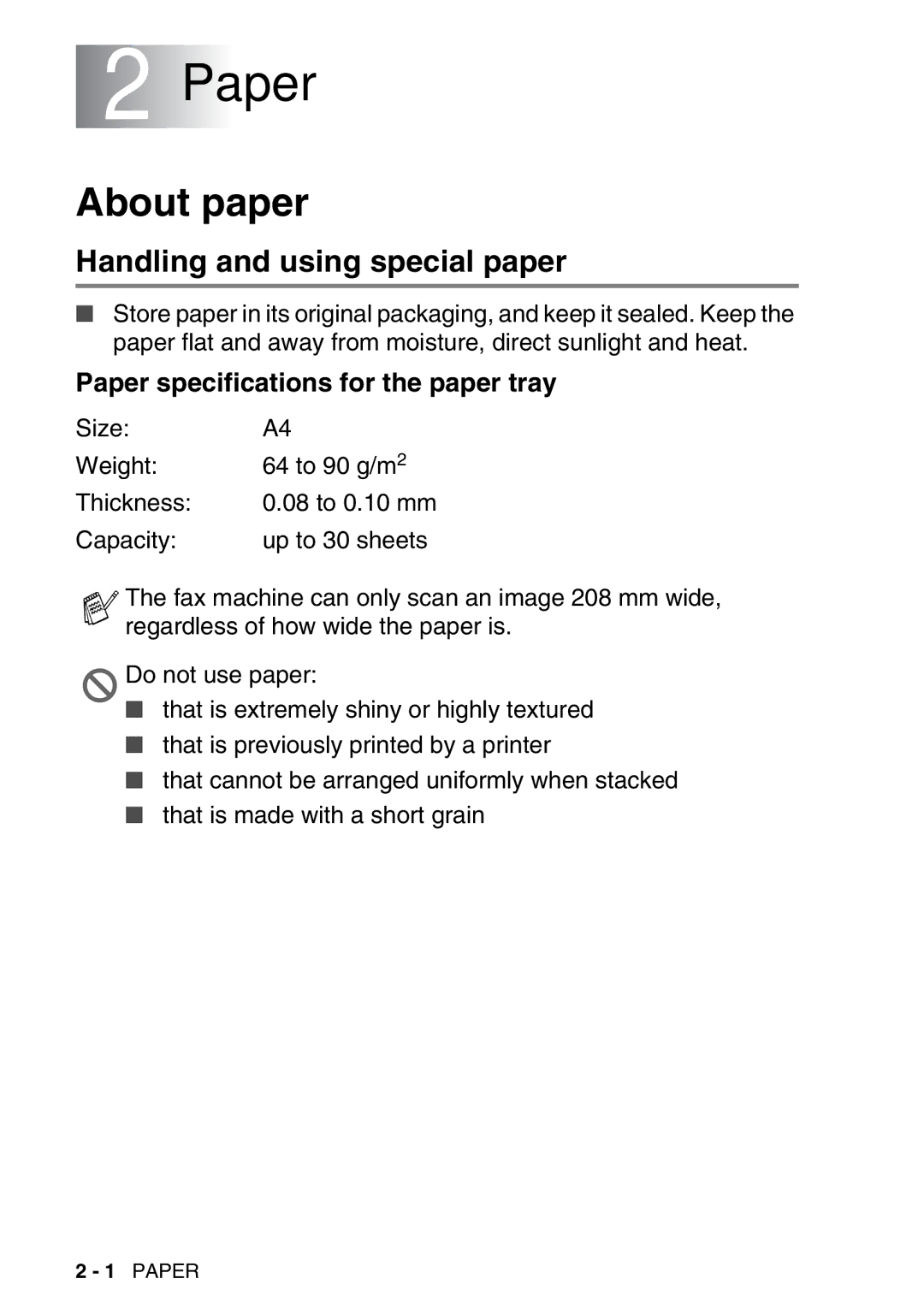 Brother FAX-T98 manual About paper, Handling and using special paper, Paper specifications for the paper tray 