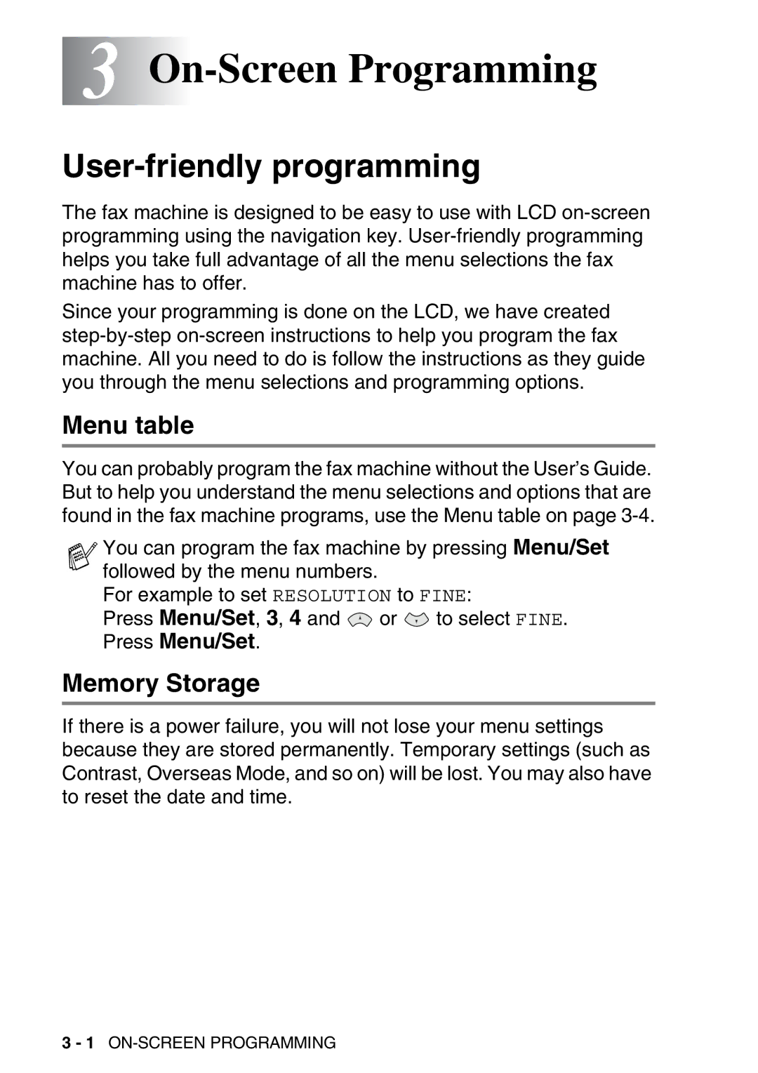 Brother FAX-T98 manual On-Screen Programming, User-friendly programming, Menu table, Memory Storage 