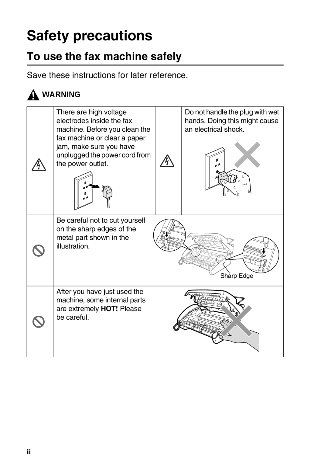 Brother FAX-T98 manual Safety precautions, To use the fax machine safely 